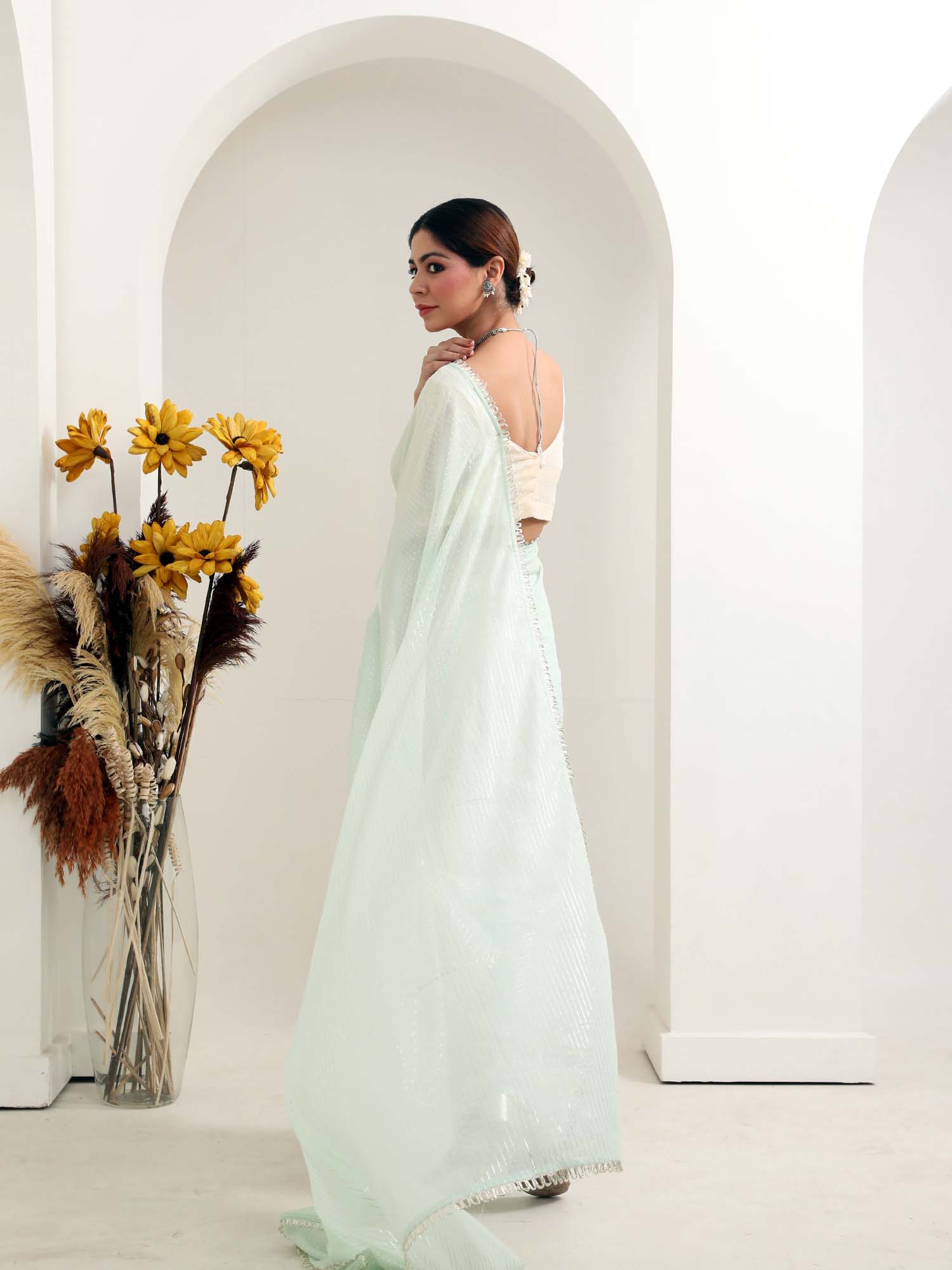 Beautiful Mint Green Cotton Silver Stripe Saree Silver Hoop Lace - Margarita