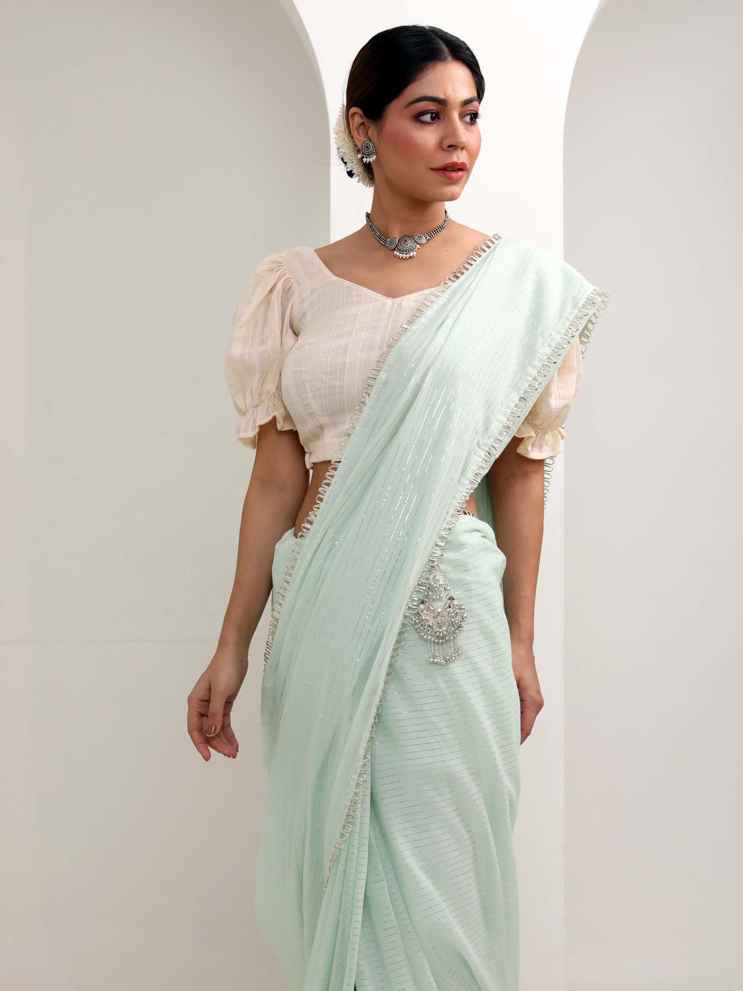 Beautiful Mint Green Cotton Silver Stripe Saree Silver Hoop Lace - Margarita