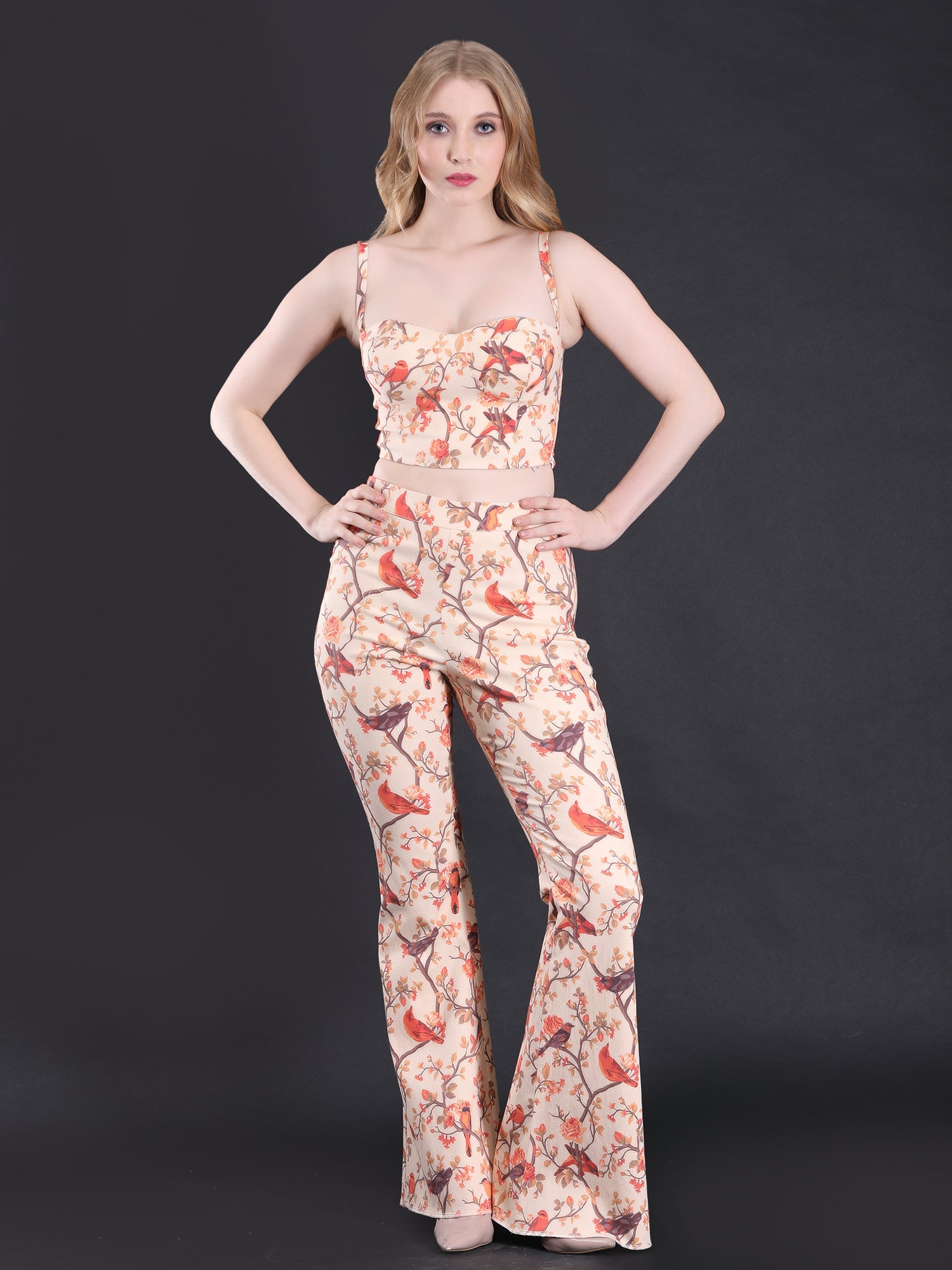Vibrant Multicolor Twill Lycra Bird Love Crop Top Flared Pants Set