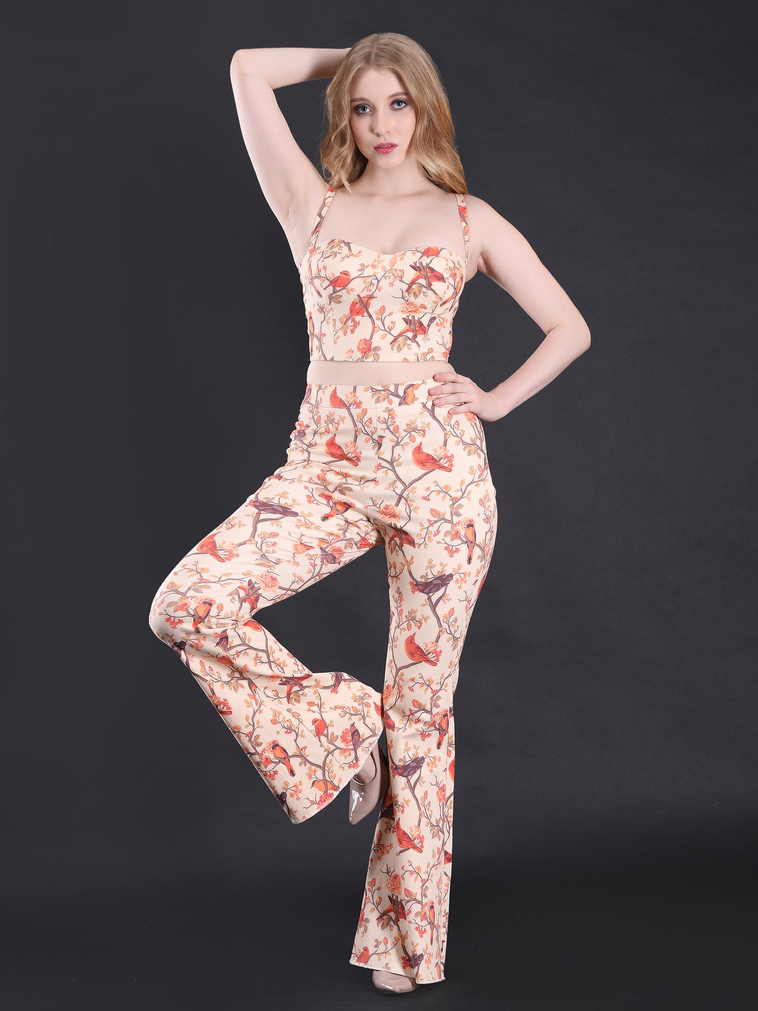 Vibrant Multicolor Twill Lycra Bird Love Crop Top Flared Pants Set