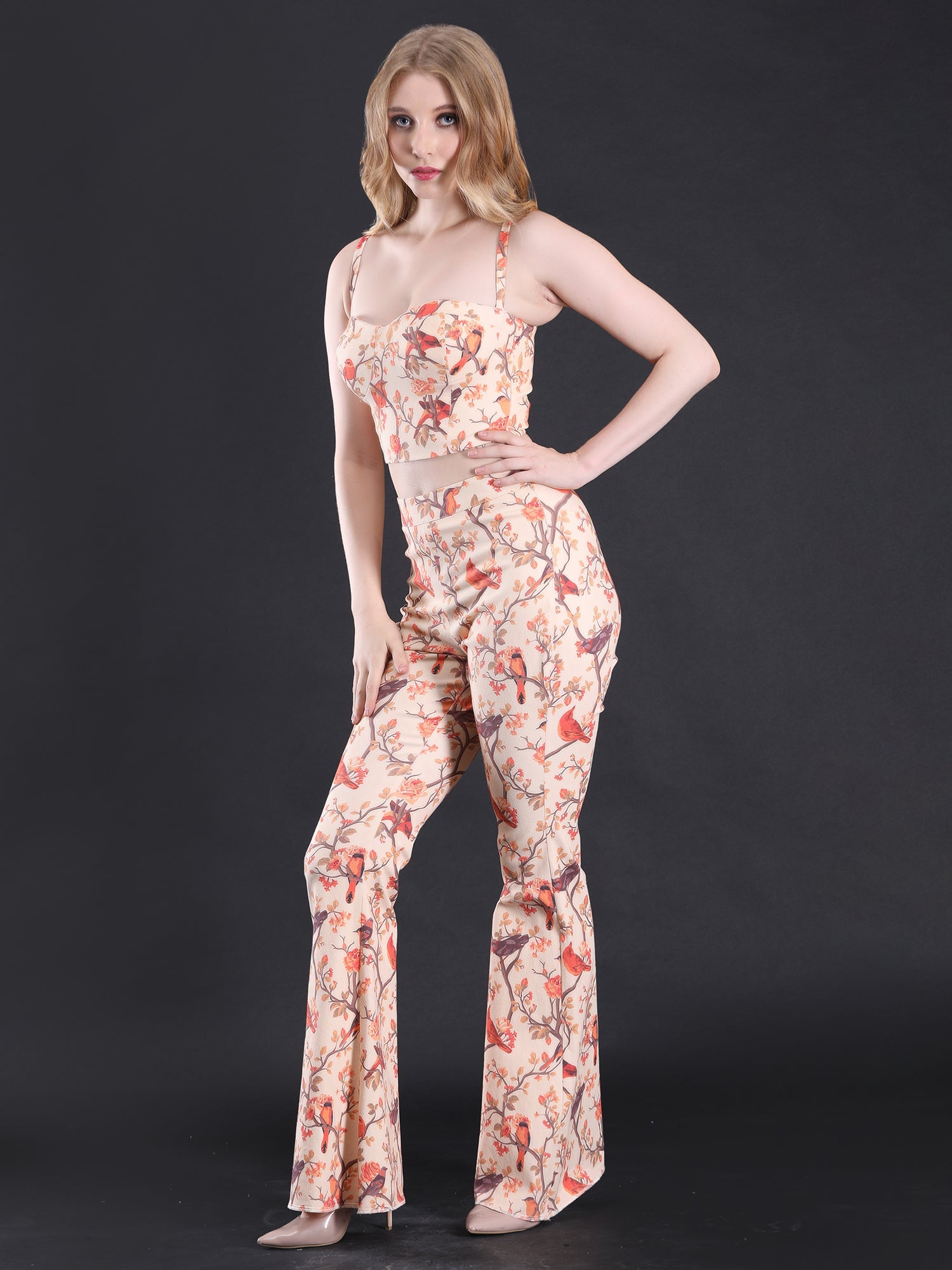 Vibrant Multicolor Twill Lycra Bird Love Crop Top Flared Pants Set
