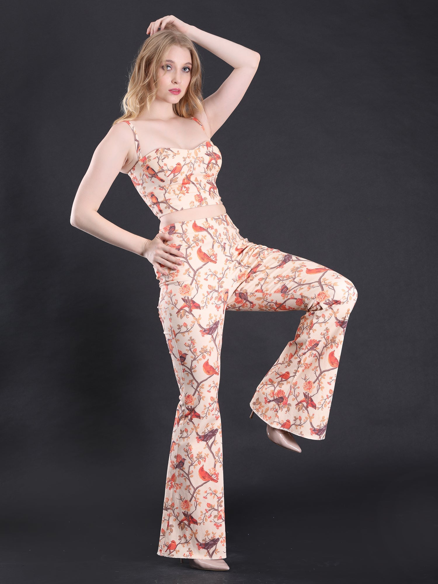 Vibrant Multicolor Twill Lycra Bird Love Crop Top Flared Pants Set