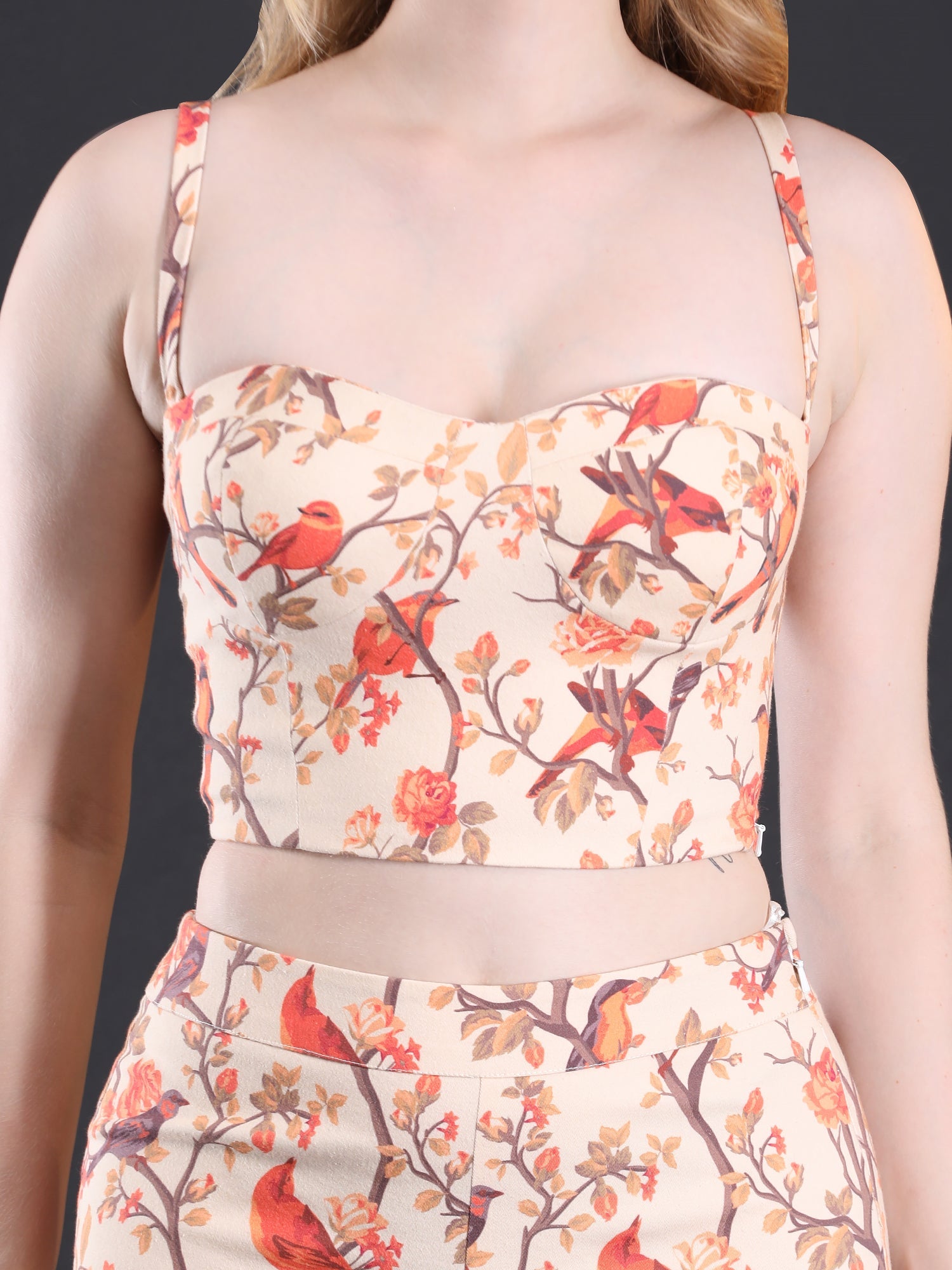 Vibrant Multicolor Twill Lycra Bird Love Crop Top Flared Pants Set