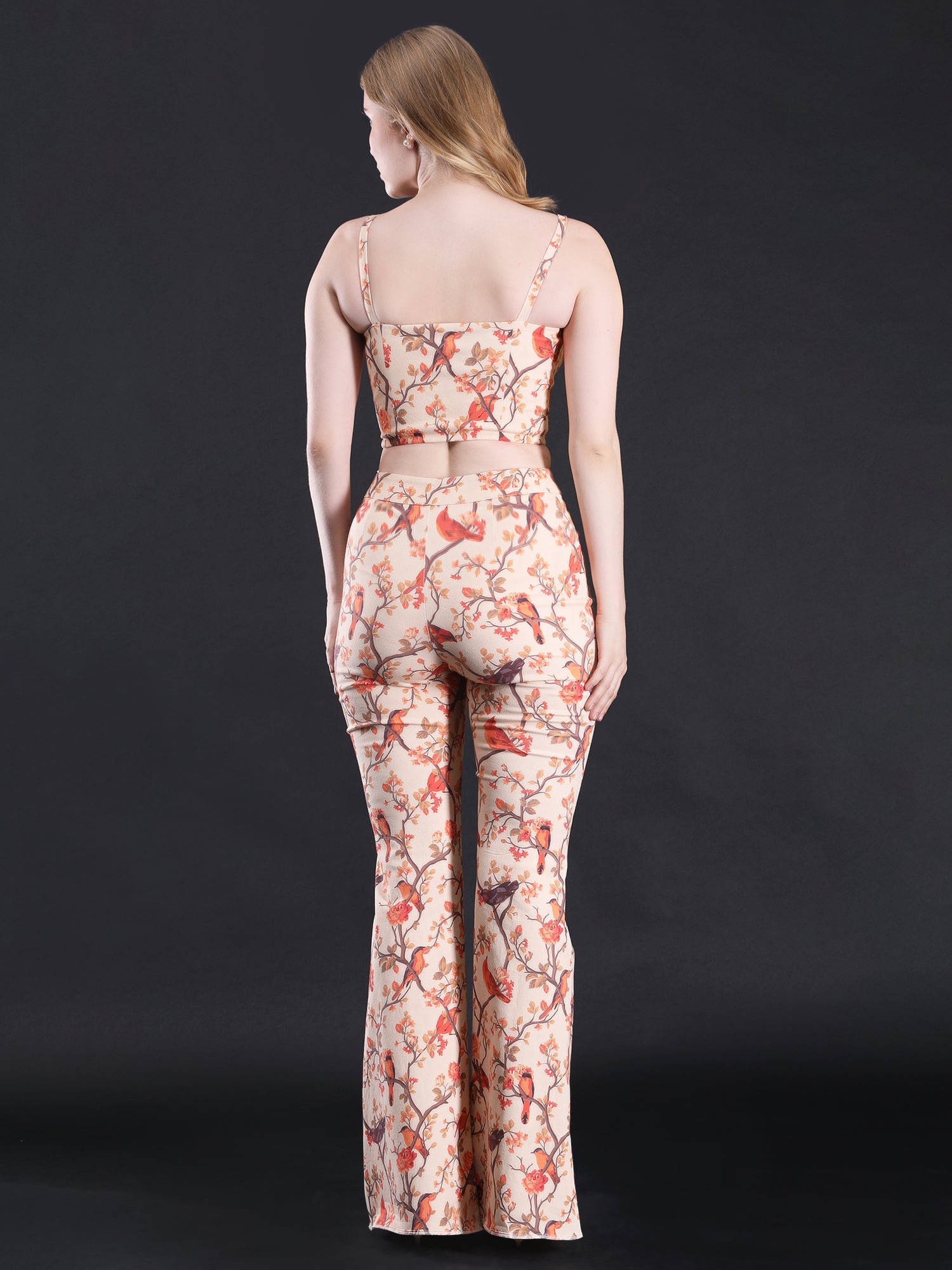 Vibrant Multicolor Twill Lycra Bird Love Crop Top Flared Pants Set