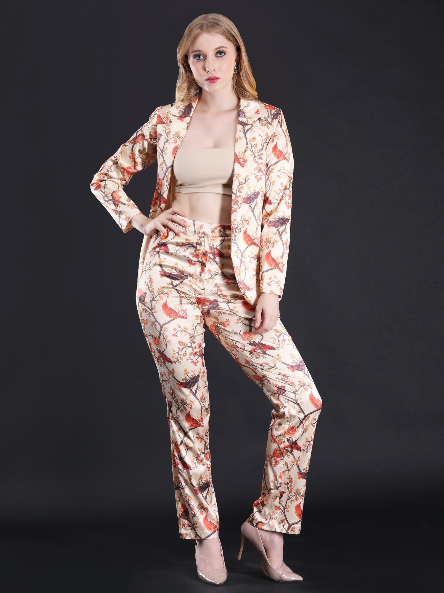 Dashing Multicolor Lycra Satin Birdie Love Coat Pant Set