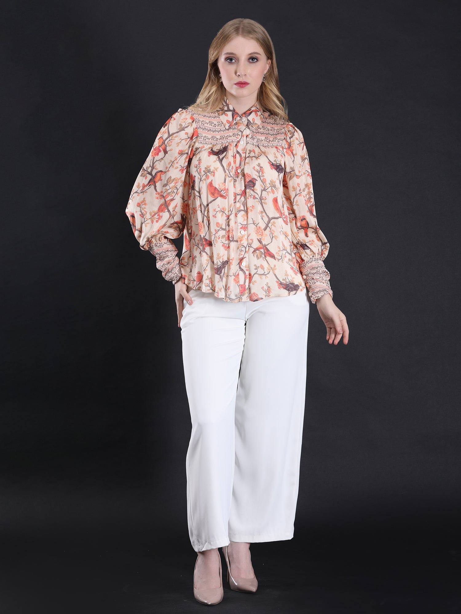 Whimsical Multicolor Satin Chiffon Birdie Love Shirt