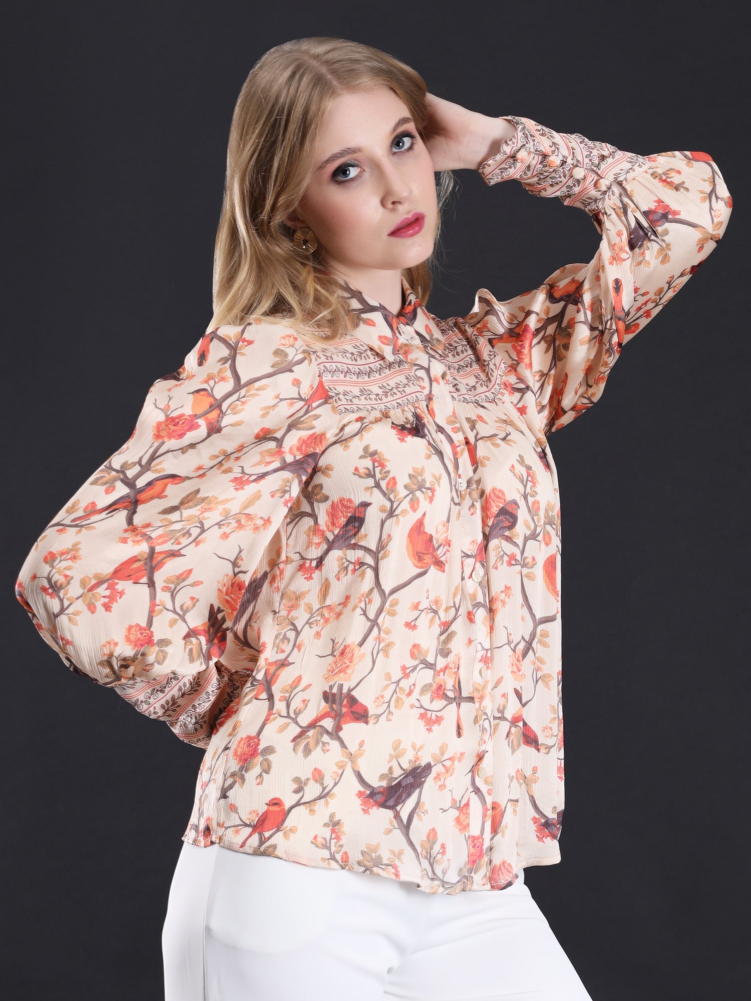Whimsical Multicolor Satin Chiffon Birdie Love Shirt