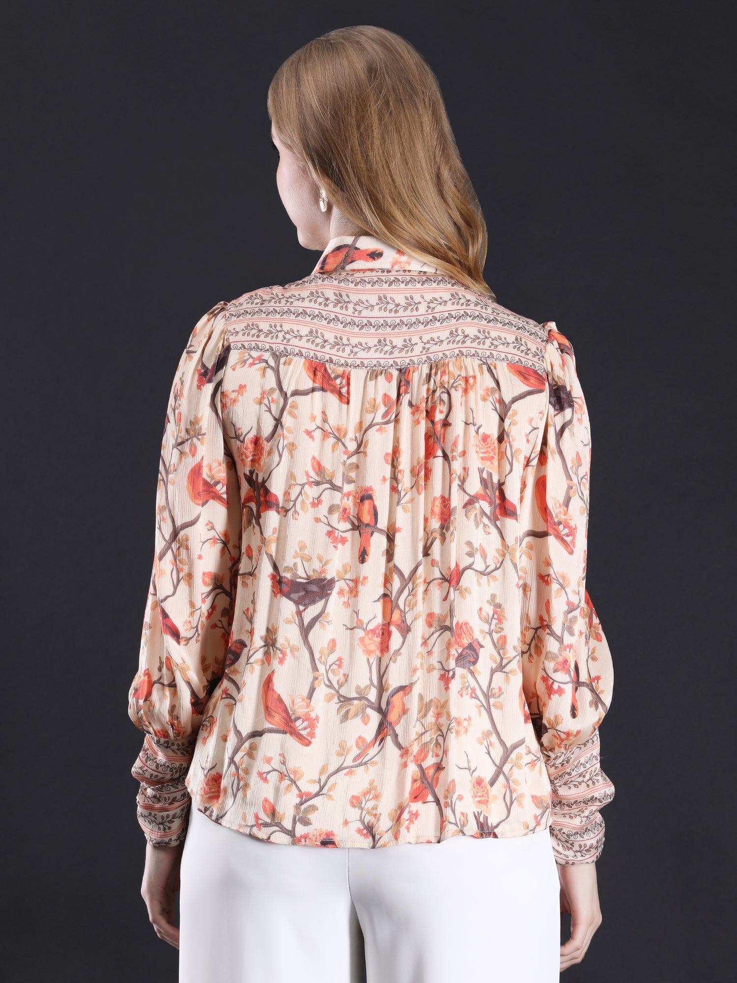 Whimsical Multicolor Satin Chiffon Birdie Love Shirt