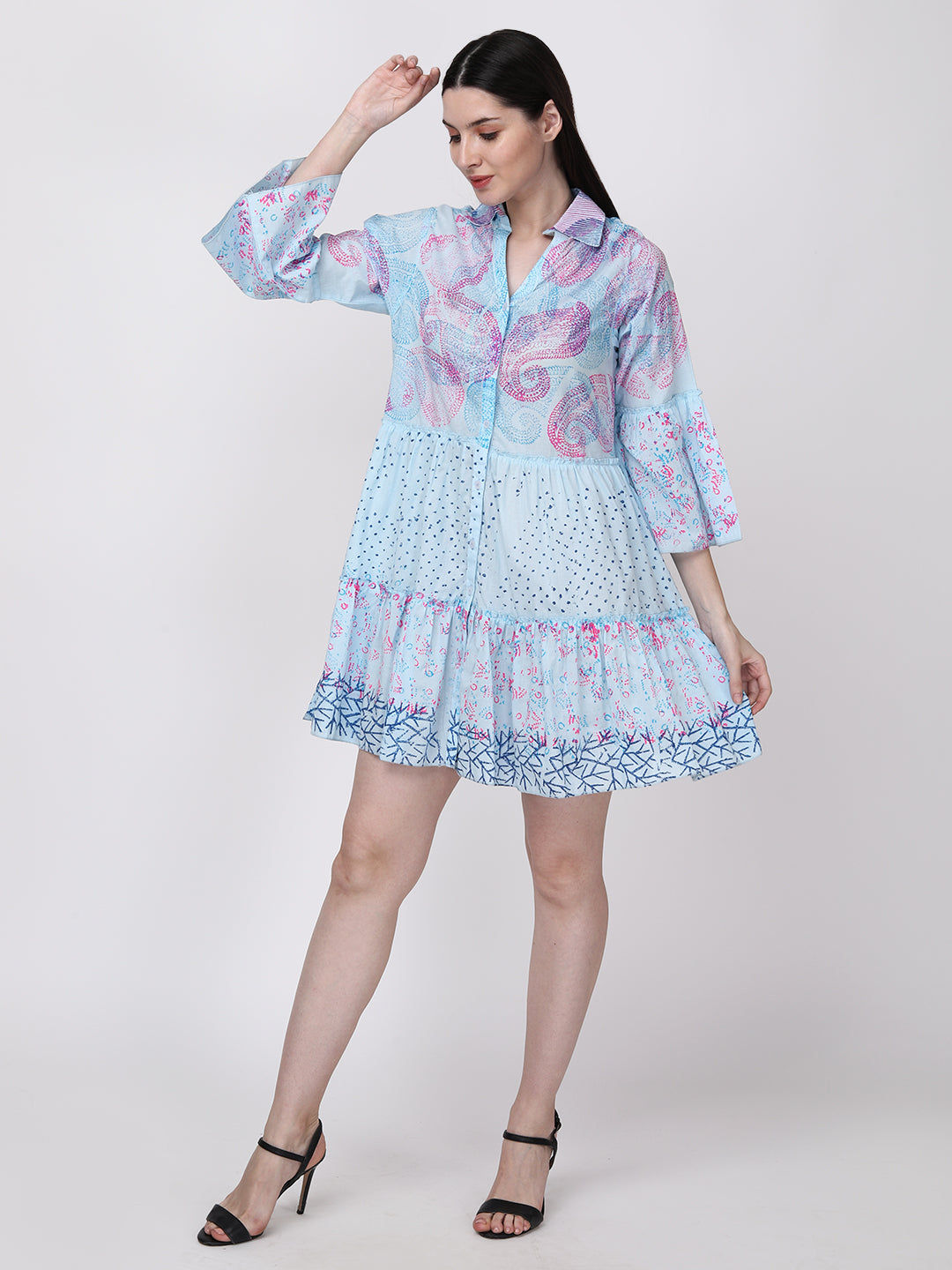 Blue Pink Ethnic Motif Cotton Tiered Shirt Dress Bell Sleeves