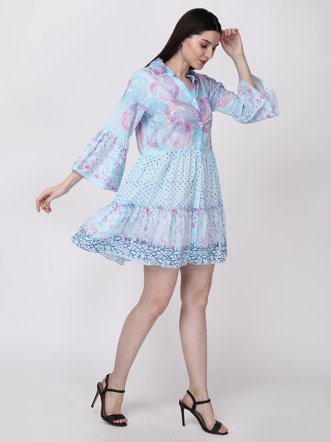 Blue Pink Ethnic Motif Cotton Tiered Shirt Dress Bell Sleeves