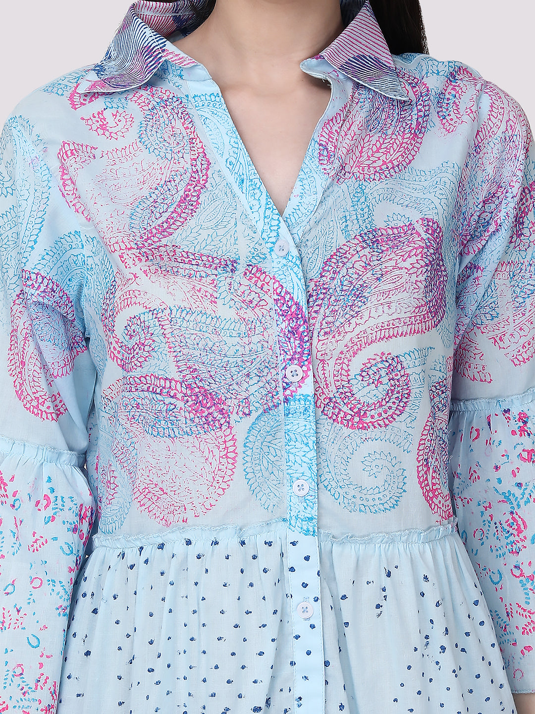 Blue Pink Ethnic Motif Cotton Tiered Shirt Dress Bell Sleeves