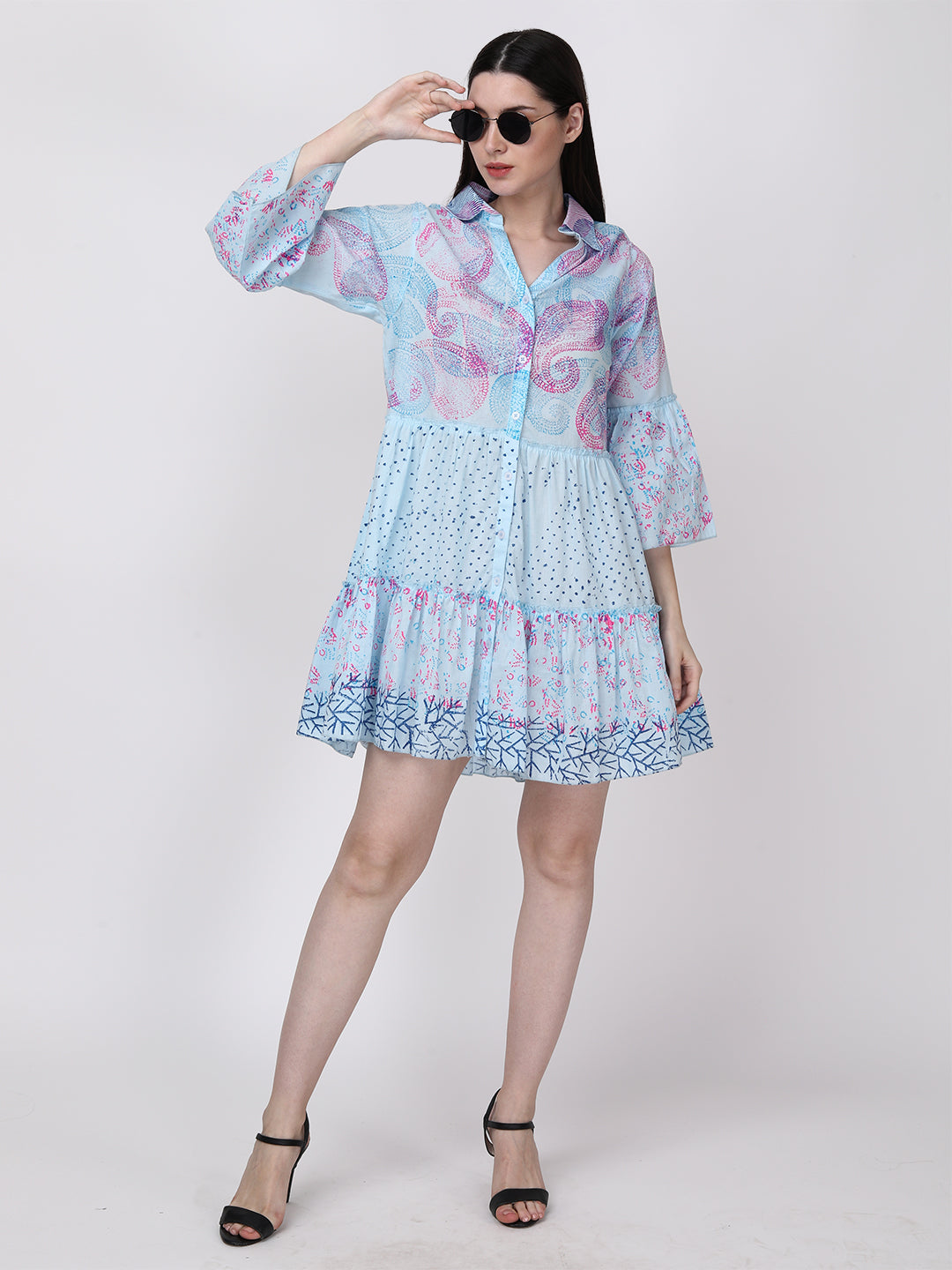 Blue Pink Ethnic Motif Cotton Tiered Shirt Dress Bell Sleeves