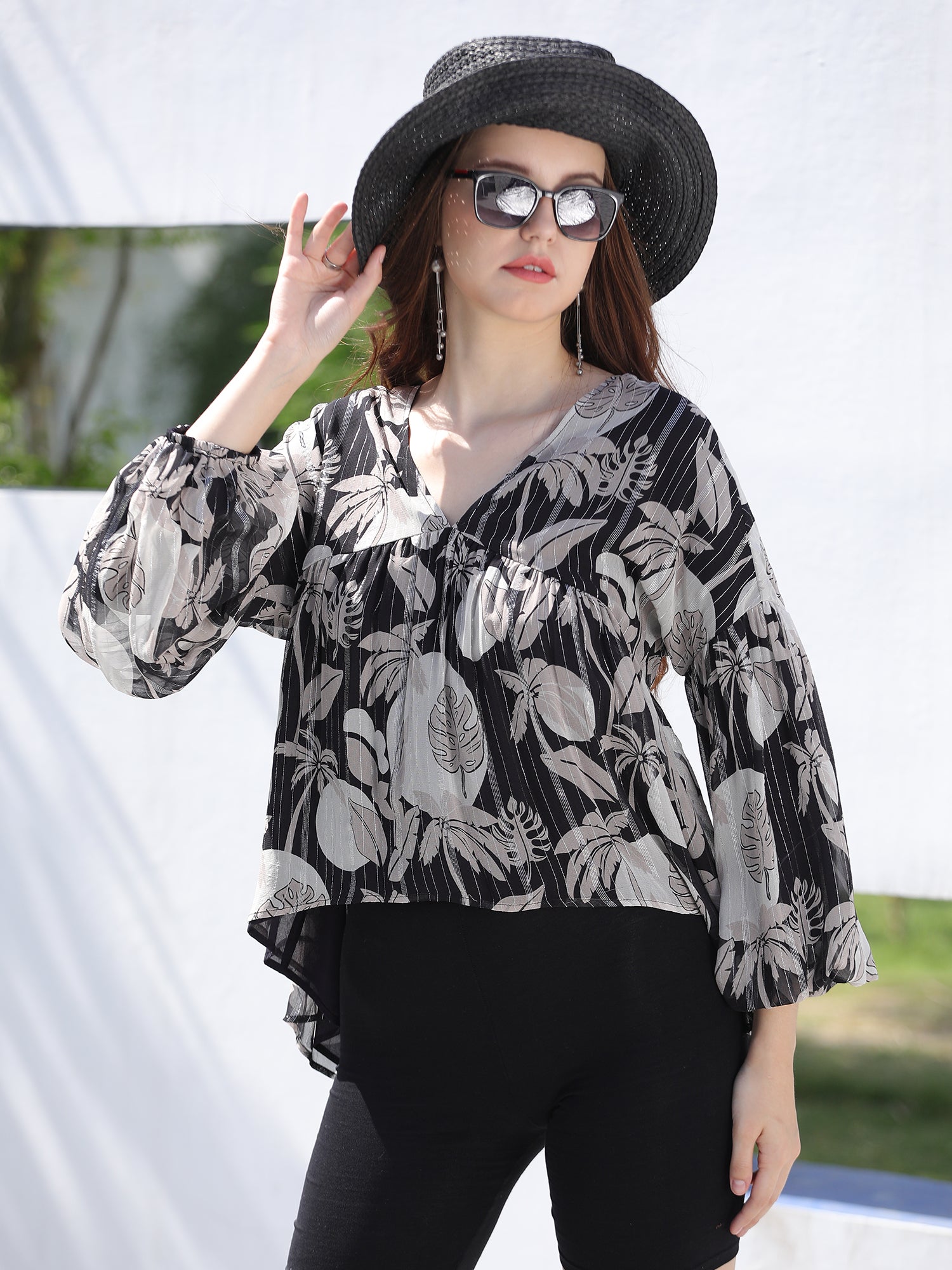 Vibrant Black White Beige Lurex Georgette Tropical Breeze Flowy Top