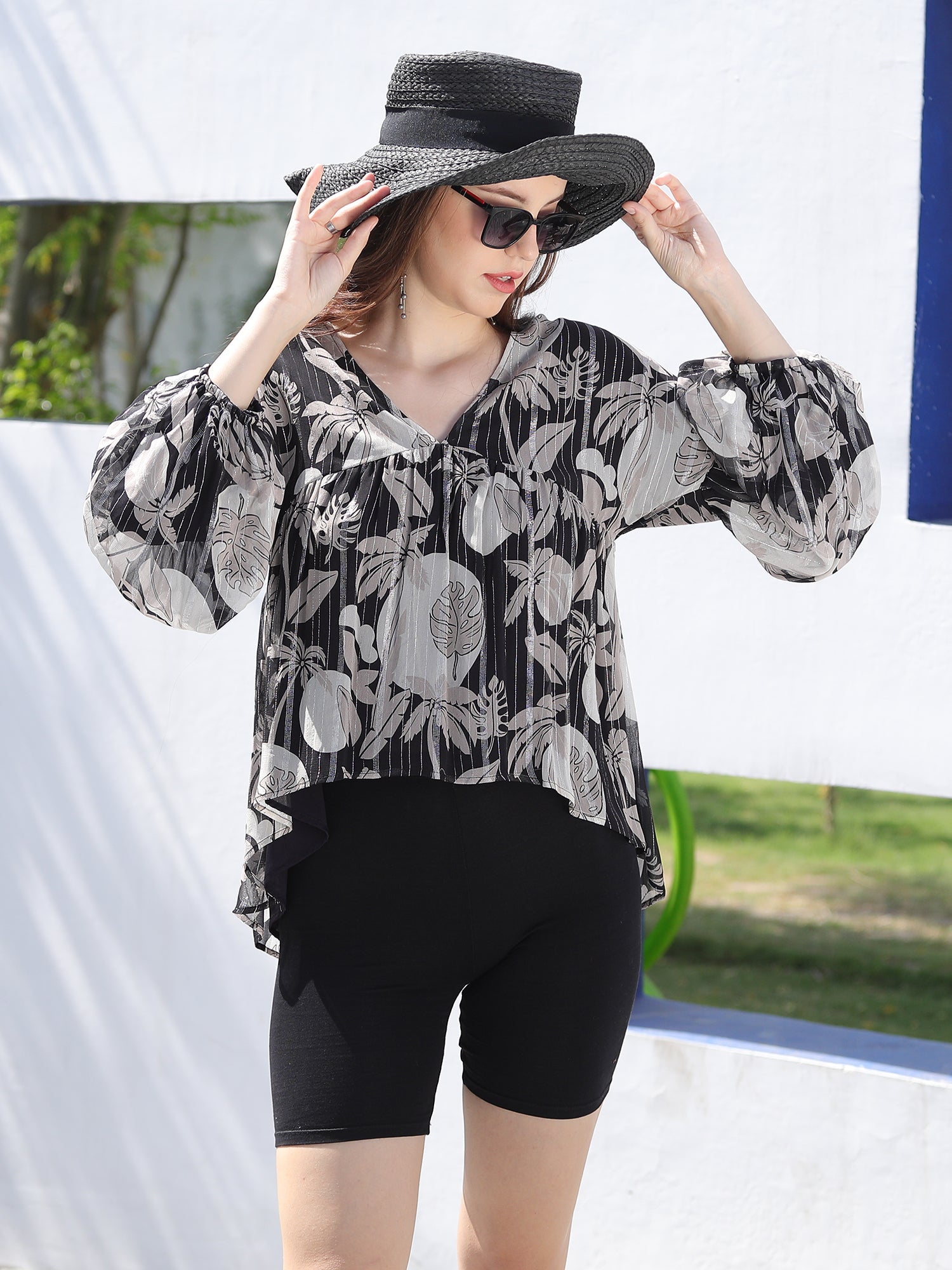 Vibrant Black White Beige Lurex Georgette Tropical Breeze Flowy Top
