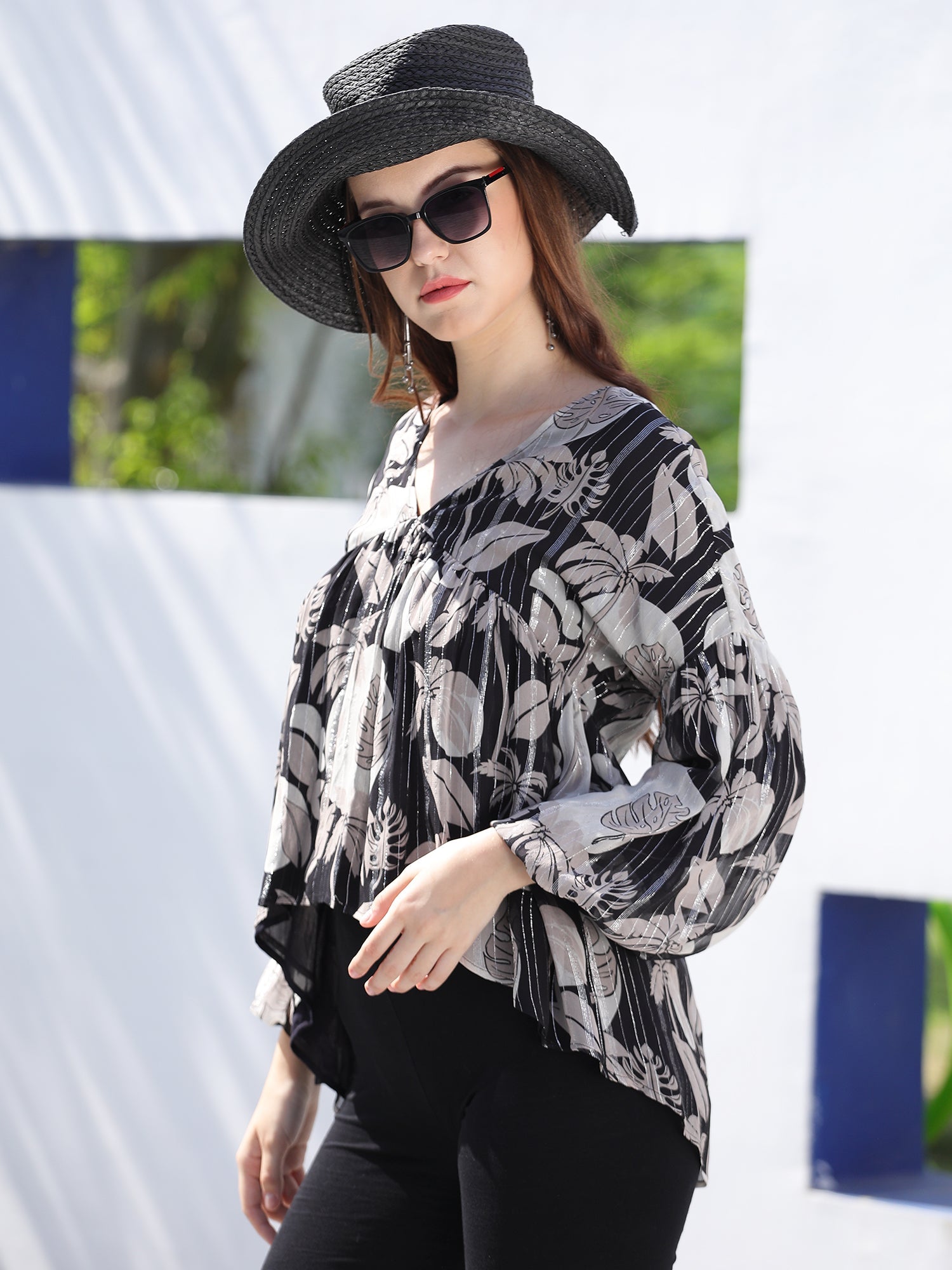 Vibrant Black White Beige Lurex Georgette Tropical Breeze Flowy Top