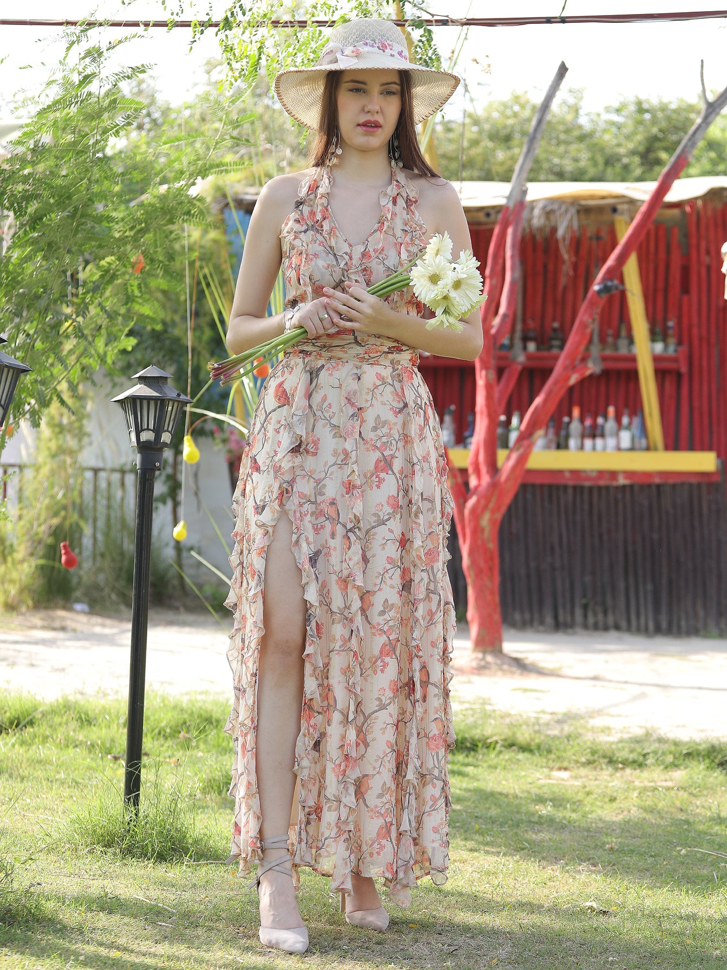 Stunning Beige Lurex Georgette Bird Print Backless Halter Dress