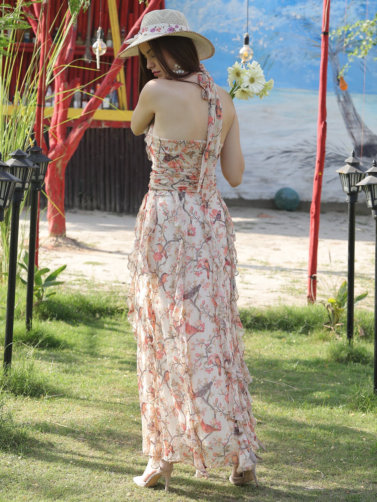 Stunning Beige Lurex Georgette Bird Print Backless Halter Dress