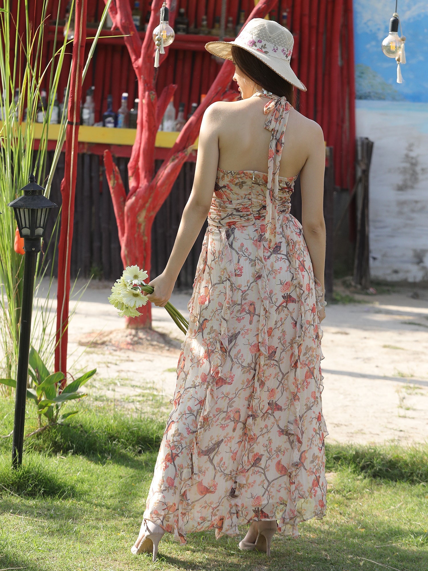 Stunning Beige Lurex Georgette Bird Print Backless Halter Dress