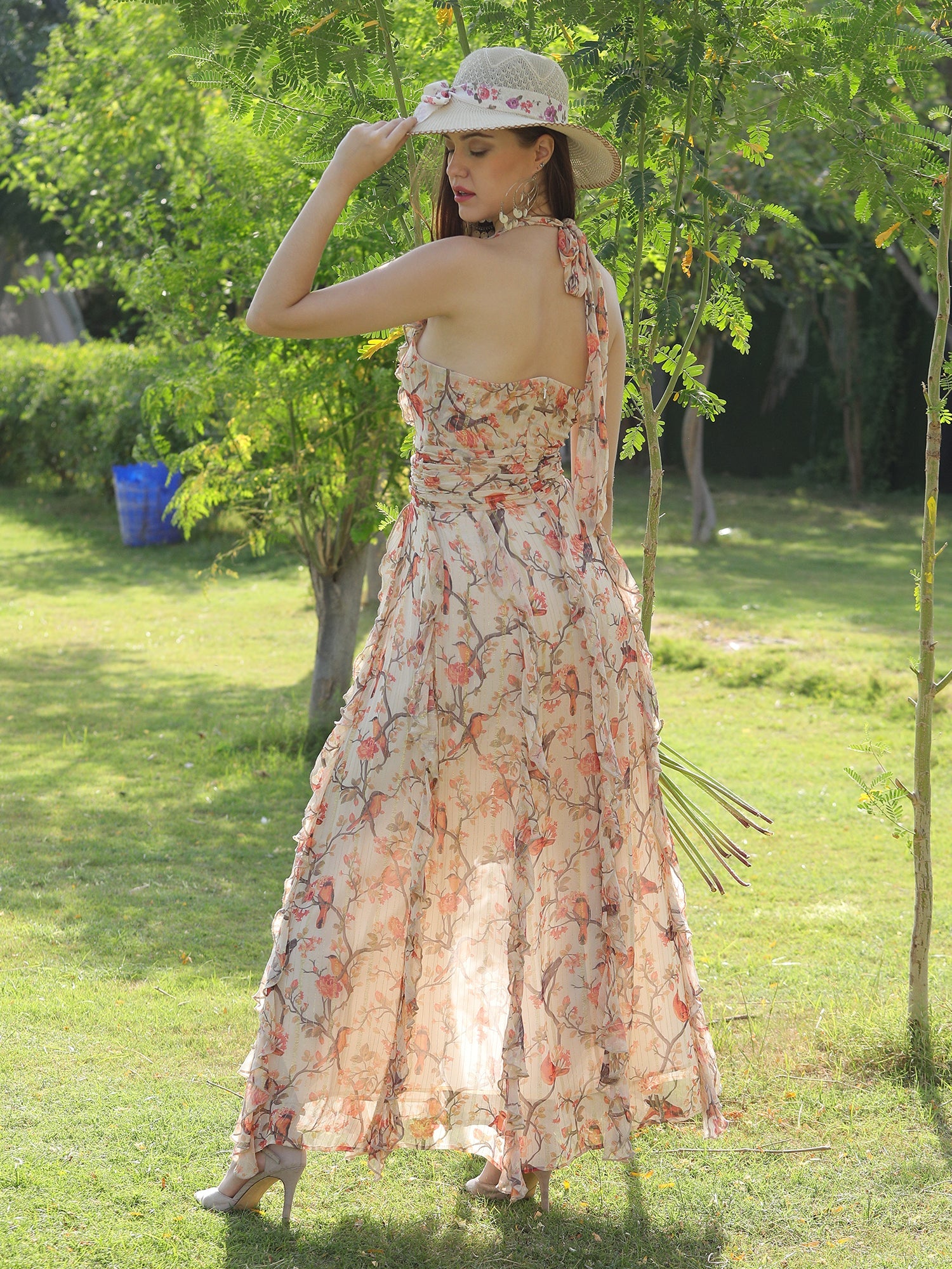 Stunning Beige Lurex Georgette Bird Print Backless Halter Dress