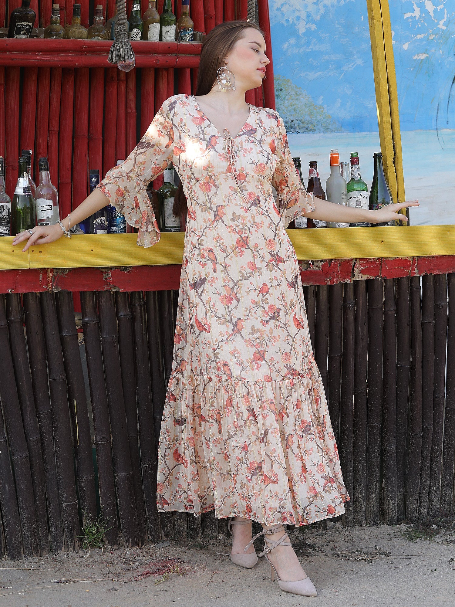 Enchanting Beige Satin Chiffon Bird Print Mid-Length Dress