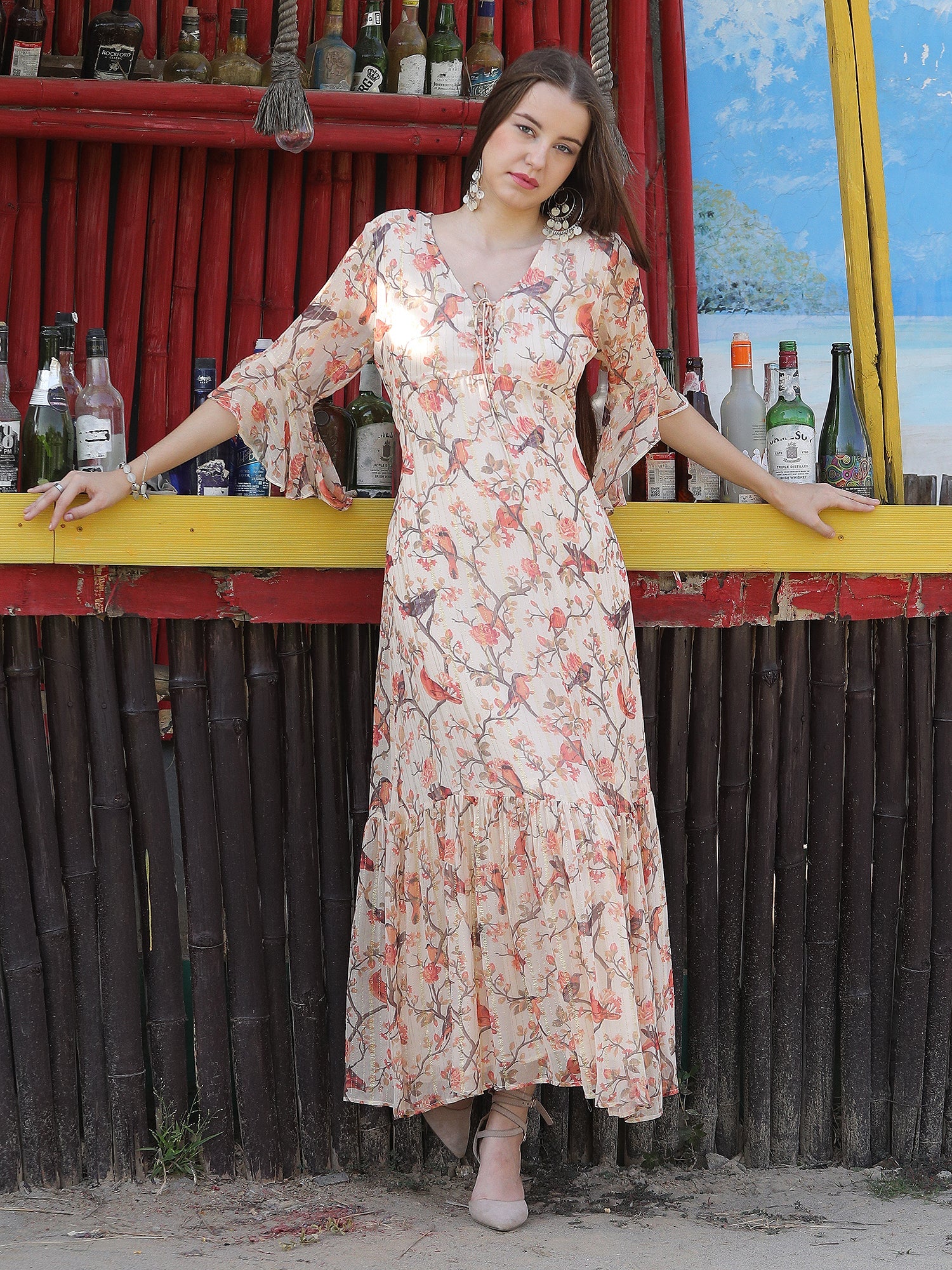Enchanting Beige Satin Chiffon Bird Print Mid-Length Dress