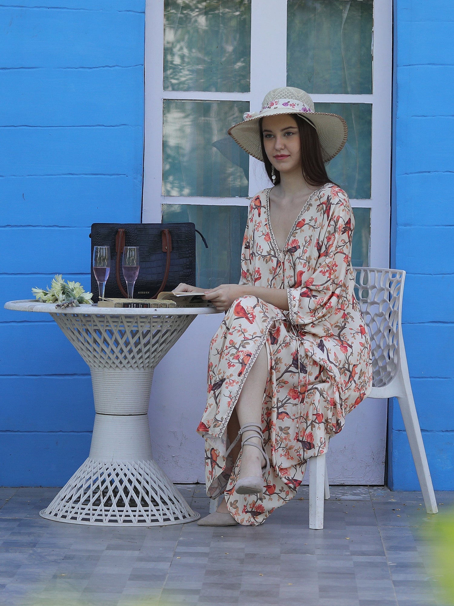 Whimsical Beige Viscose Modal Satin Bird Print Kaftan