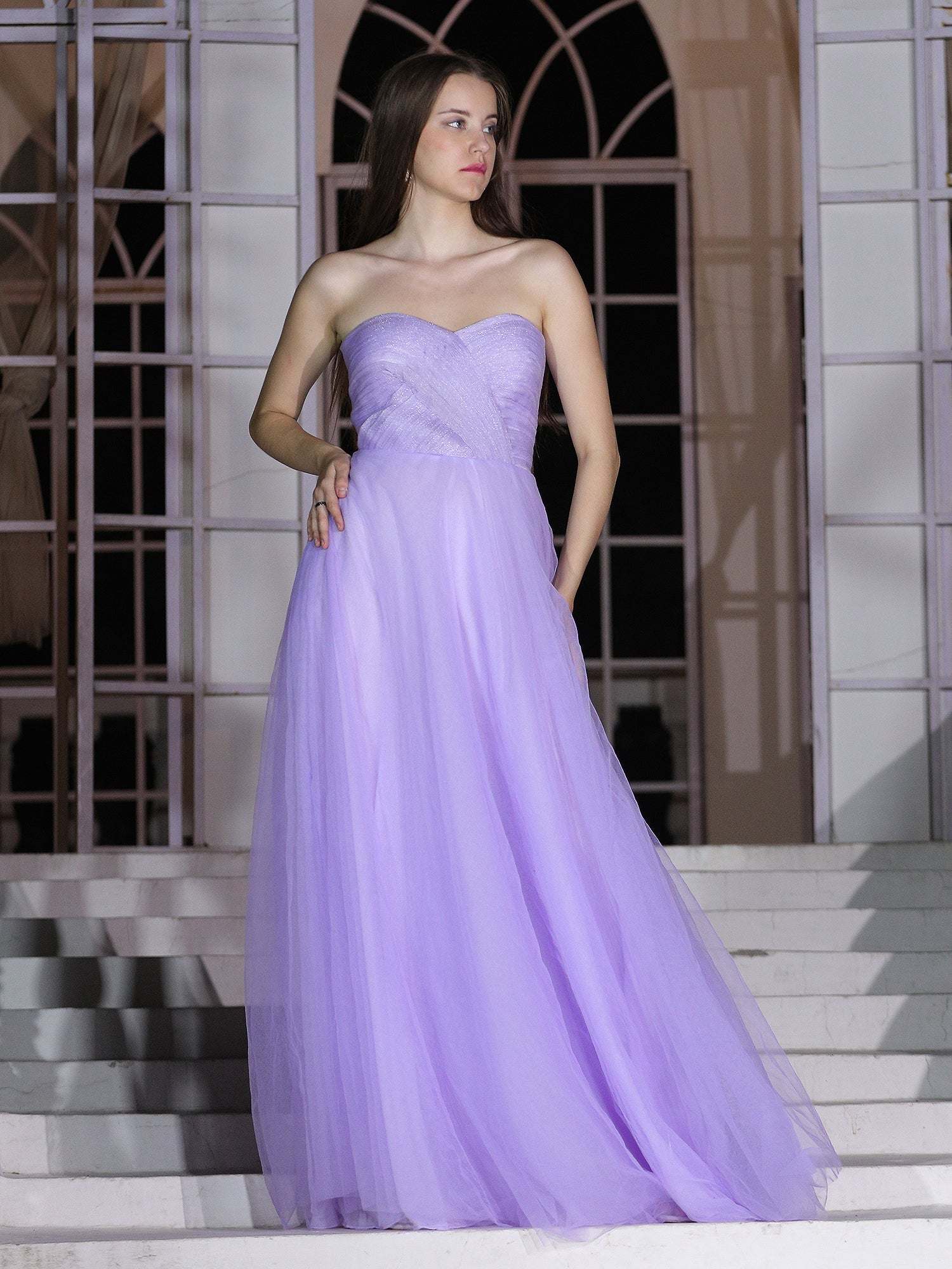 Delicate Lavender Organza Mesh Lavender Whisper Gown Pleated Bodice