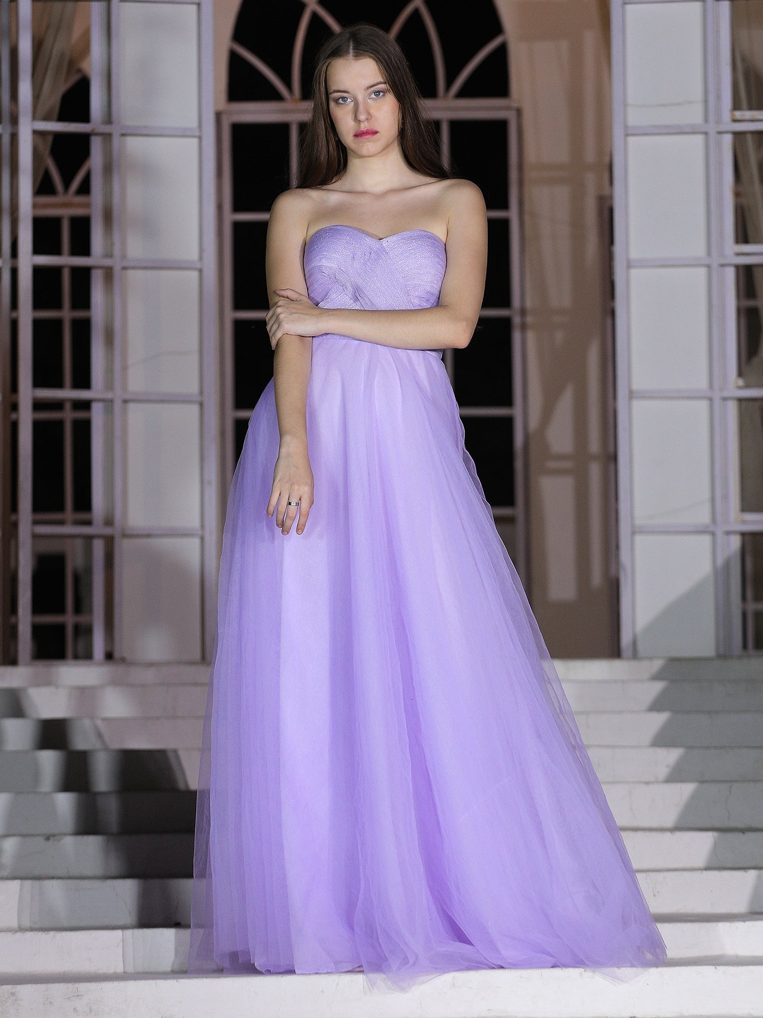 Delicate Lavender Organza Mesh Lavender Whisper Gown Pleated Bodice