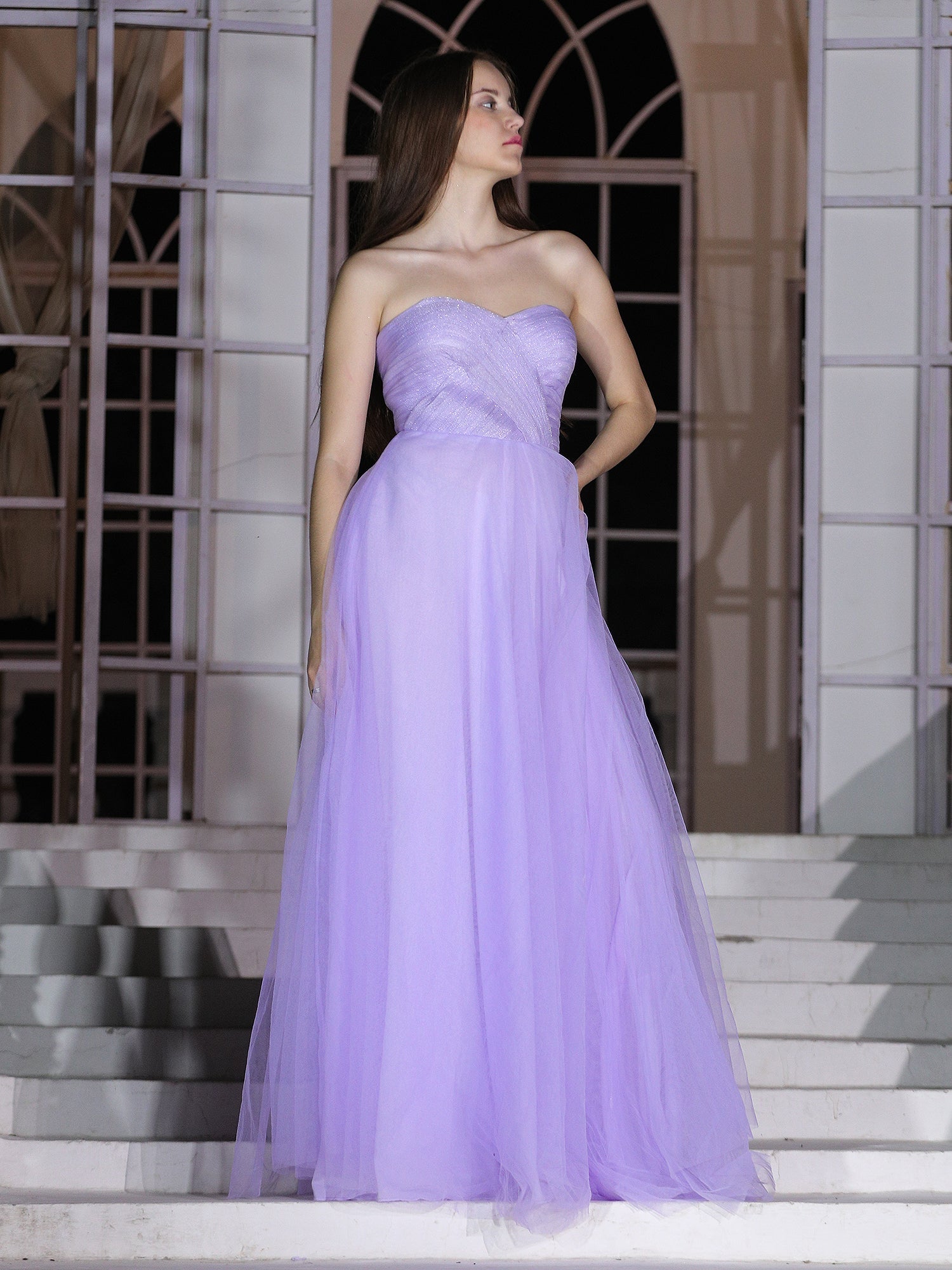 Delicate Lavender Organza Mesh Lavender Whisper Gown Pleated Bodice