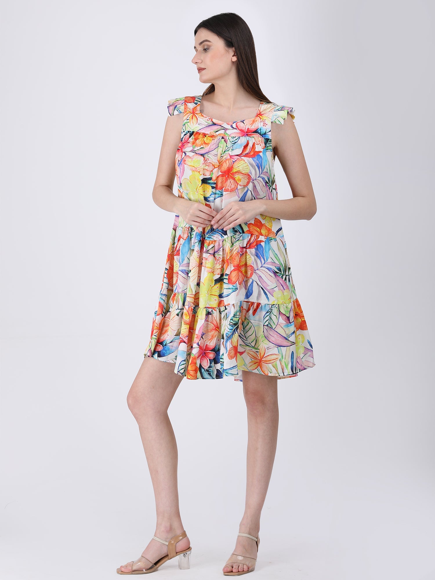 Elegant Multicolor Satin Floral Pleated Sleeve Dress