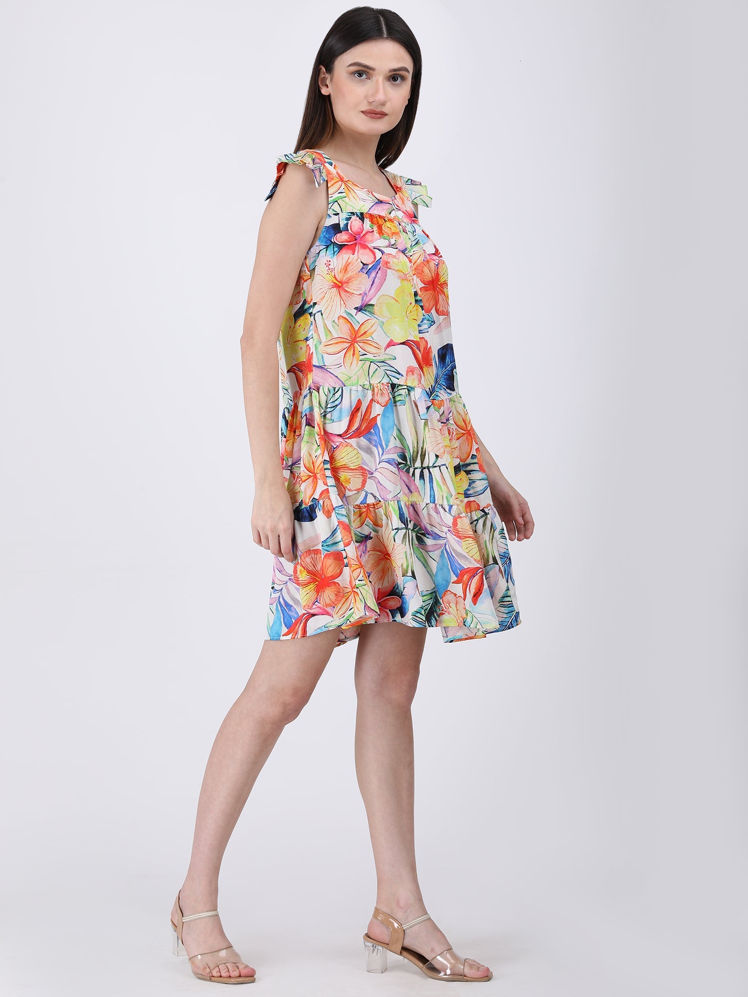 Elegant Multicolor Satin Floral Pleated Sleeve Dress