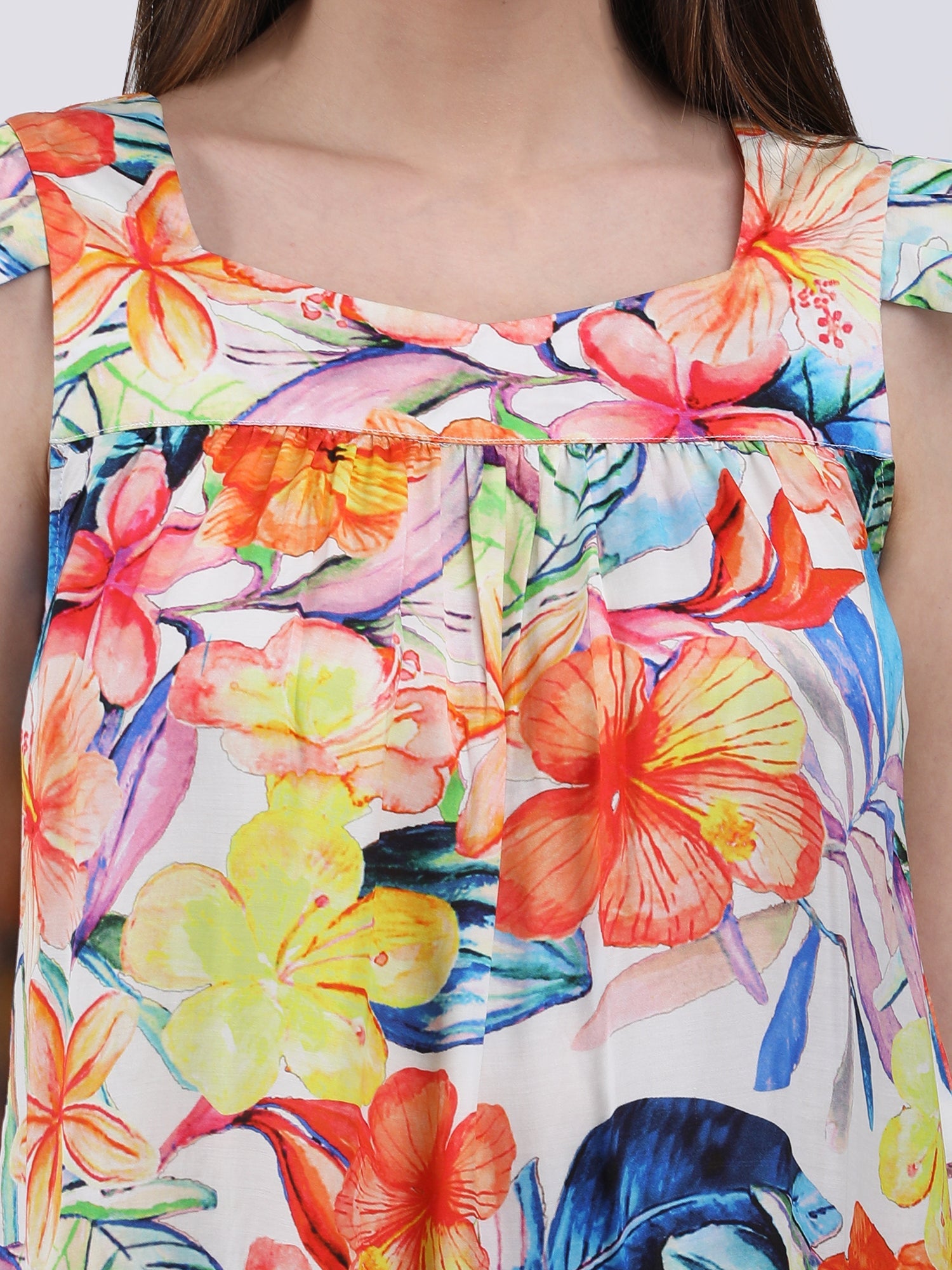 Elegant Multicolor Satin Floral Pleated Sleeve Dress