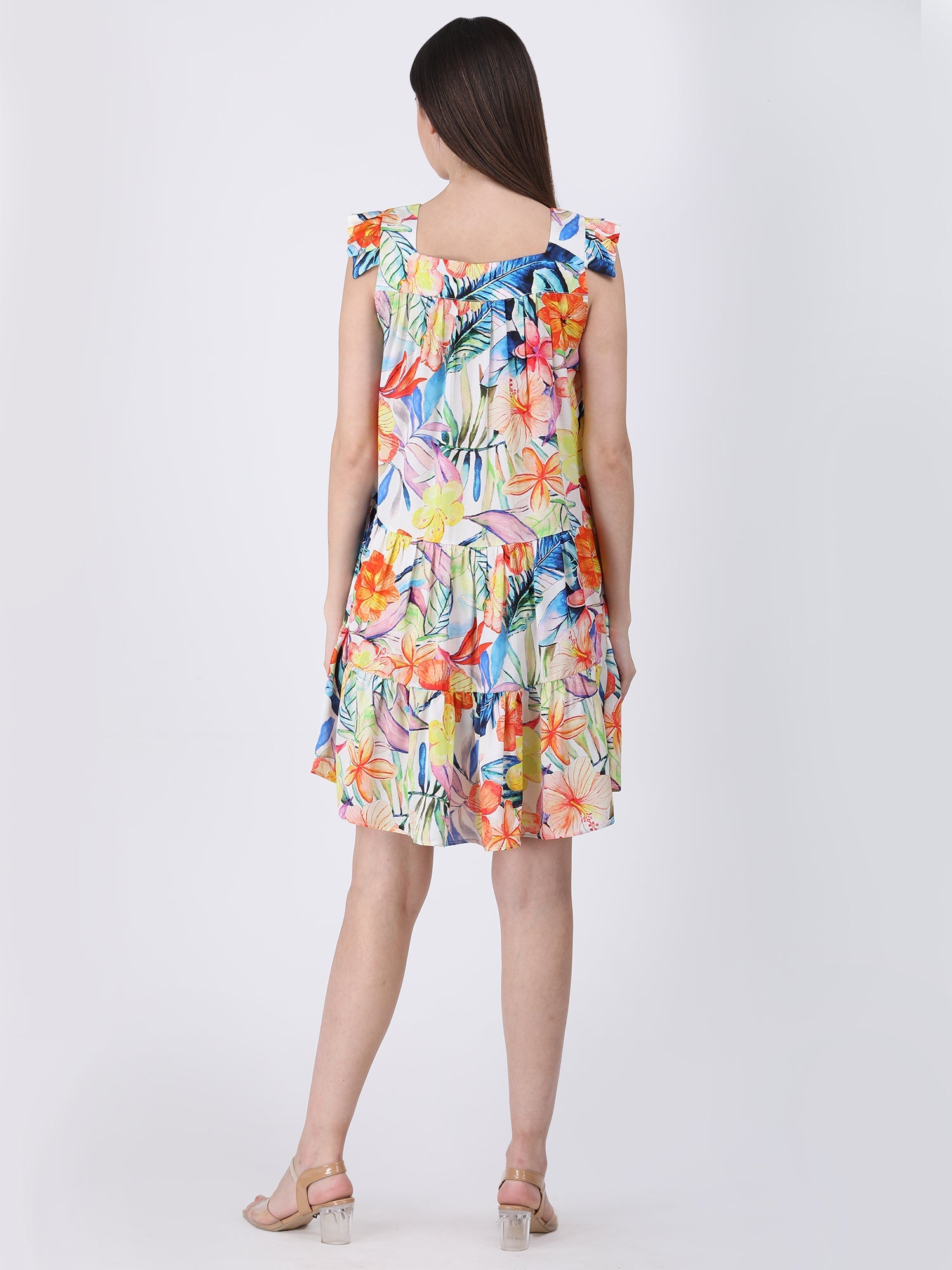 Elegant Multicolor Satin Floral Pleated Sleeve Dress