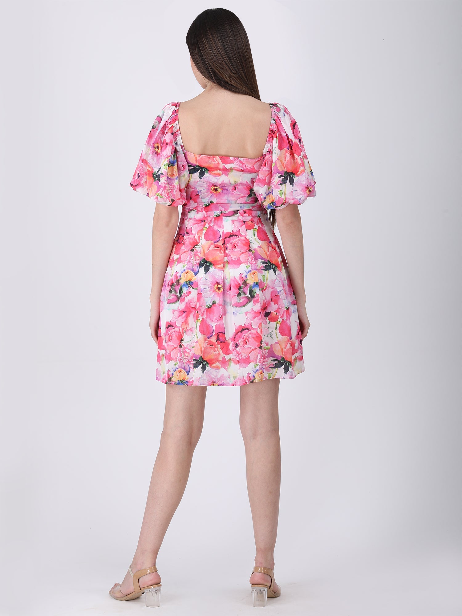 Romantic Pink Viscose Crepe Blushing Bouquet Knot-Front Dress