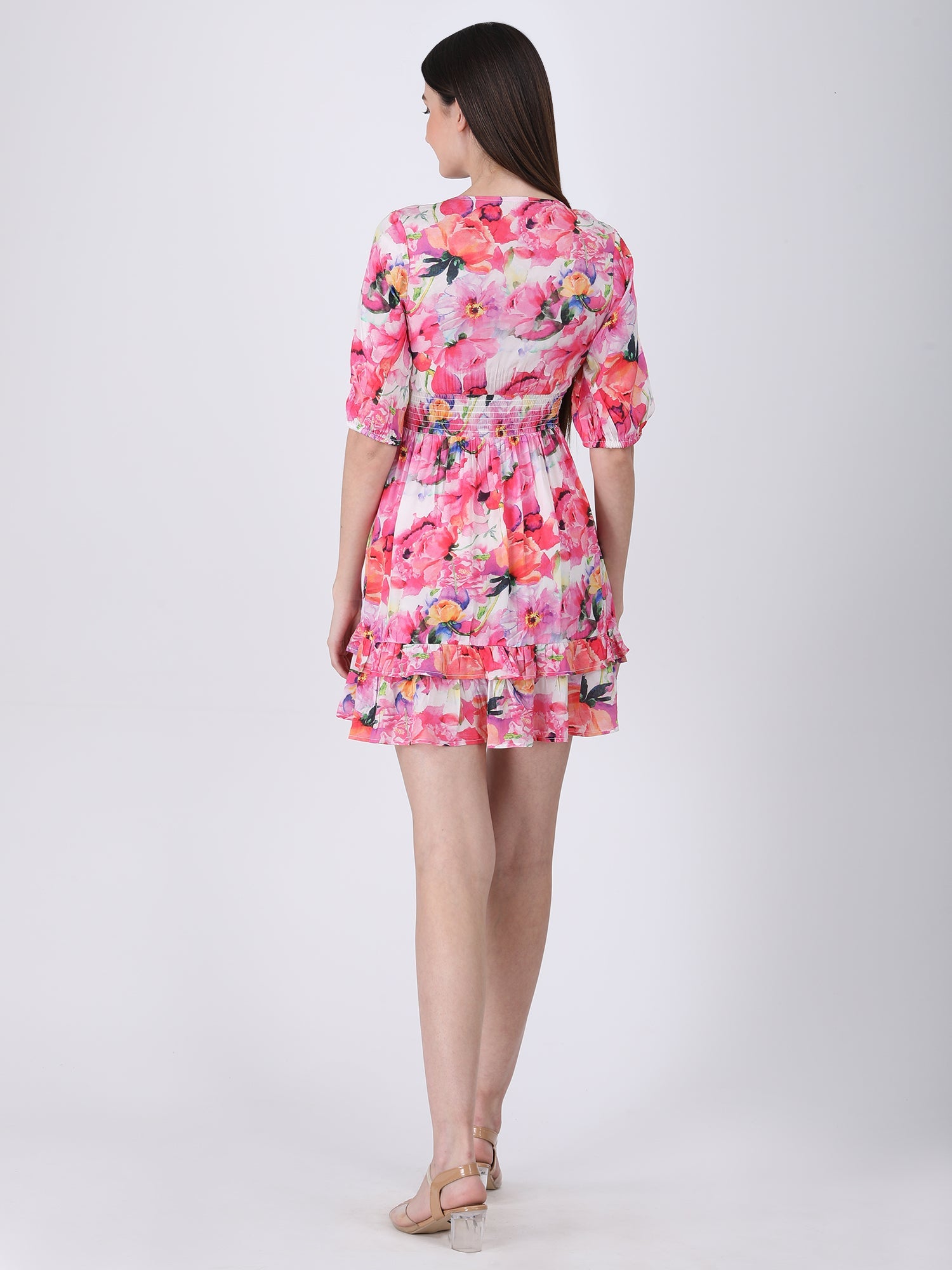 Poetic Pink Modal Satin Floral Tie-Neck Dress