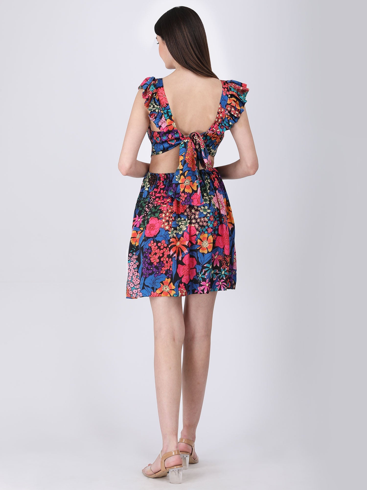 Graceful Black Modal Satin Starlit Floral Back-Tie Gown