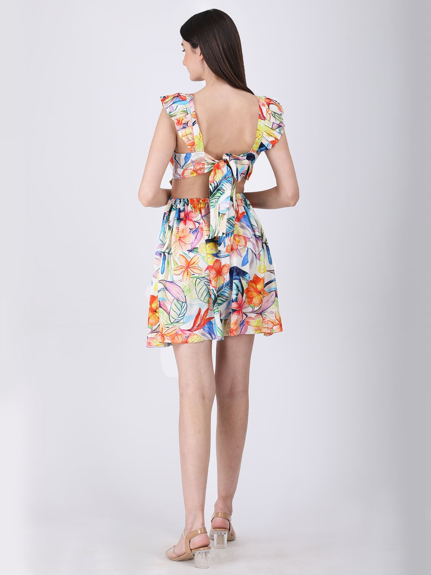 Elegant Multicolor Modal Satin Blossom Breeze Back-Tie Dress