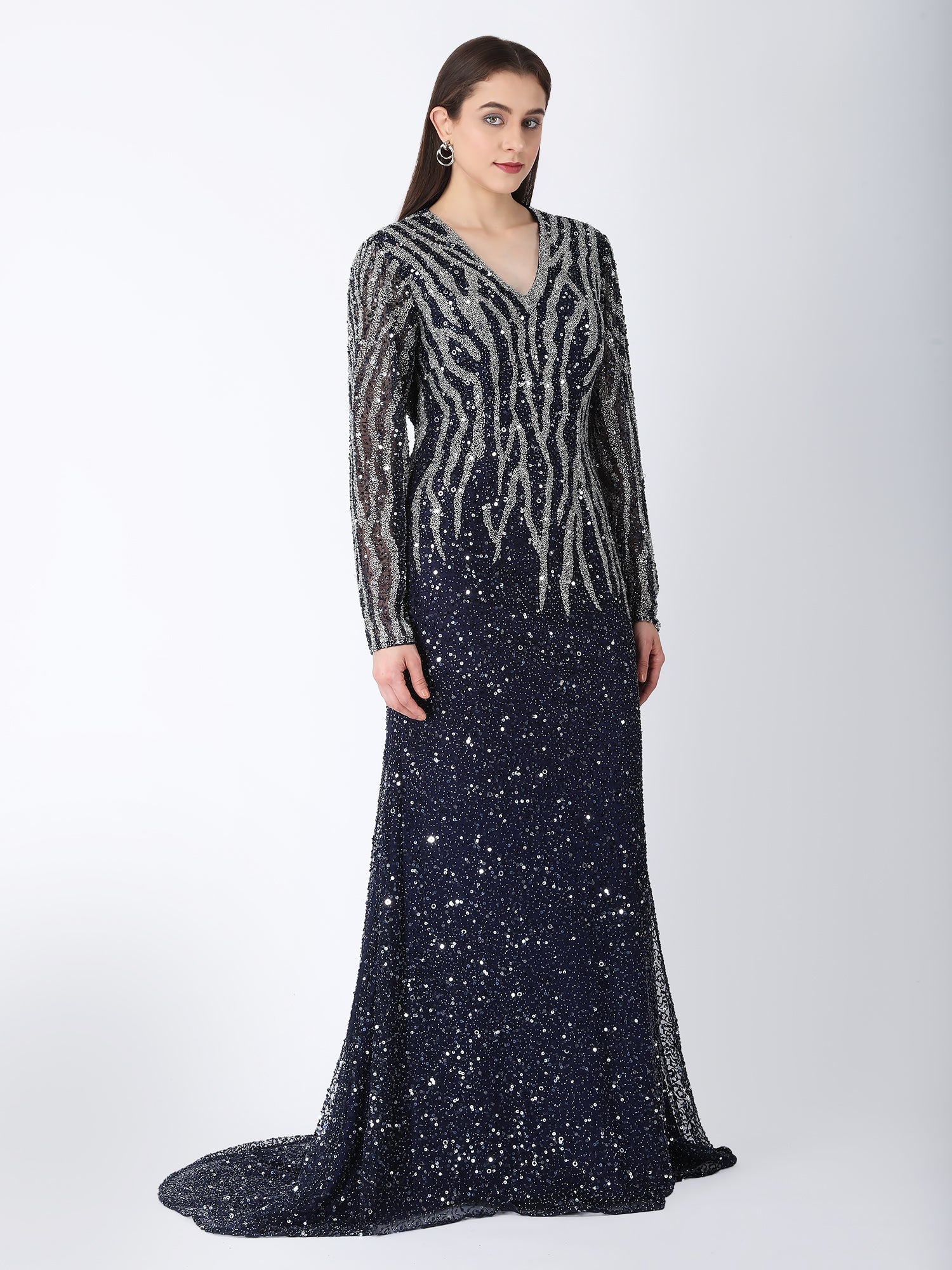 Breathtaking Blue Viscose Tulle Midnight Shimmer Gown Sequins Beads