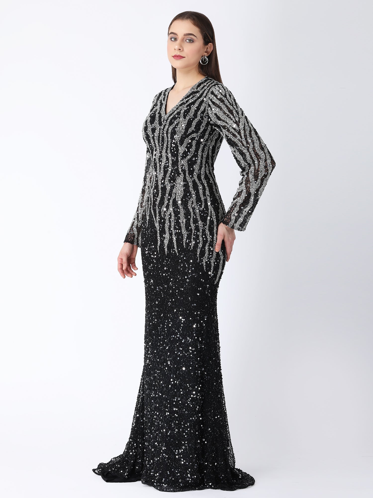 Breathtaking Black Viscose Tulle Midnight Shimmer Gown Glass Stone