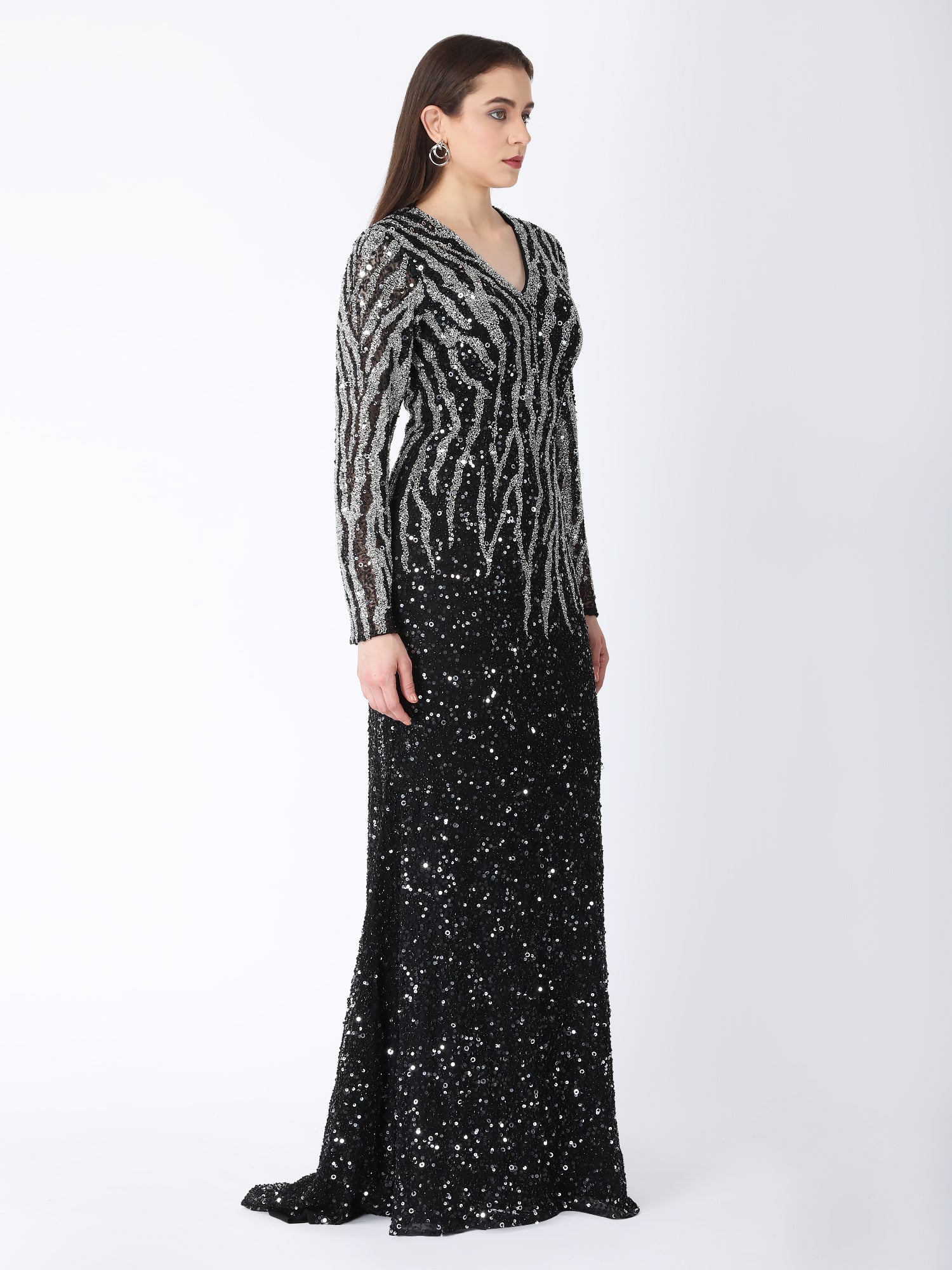 Breathtaking Black Viscose Tulle Midnight Shimmer Gown Glass Stone