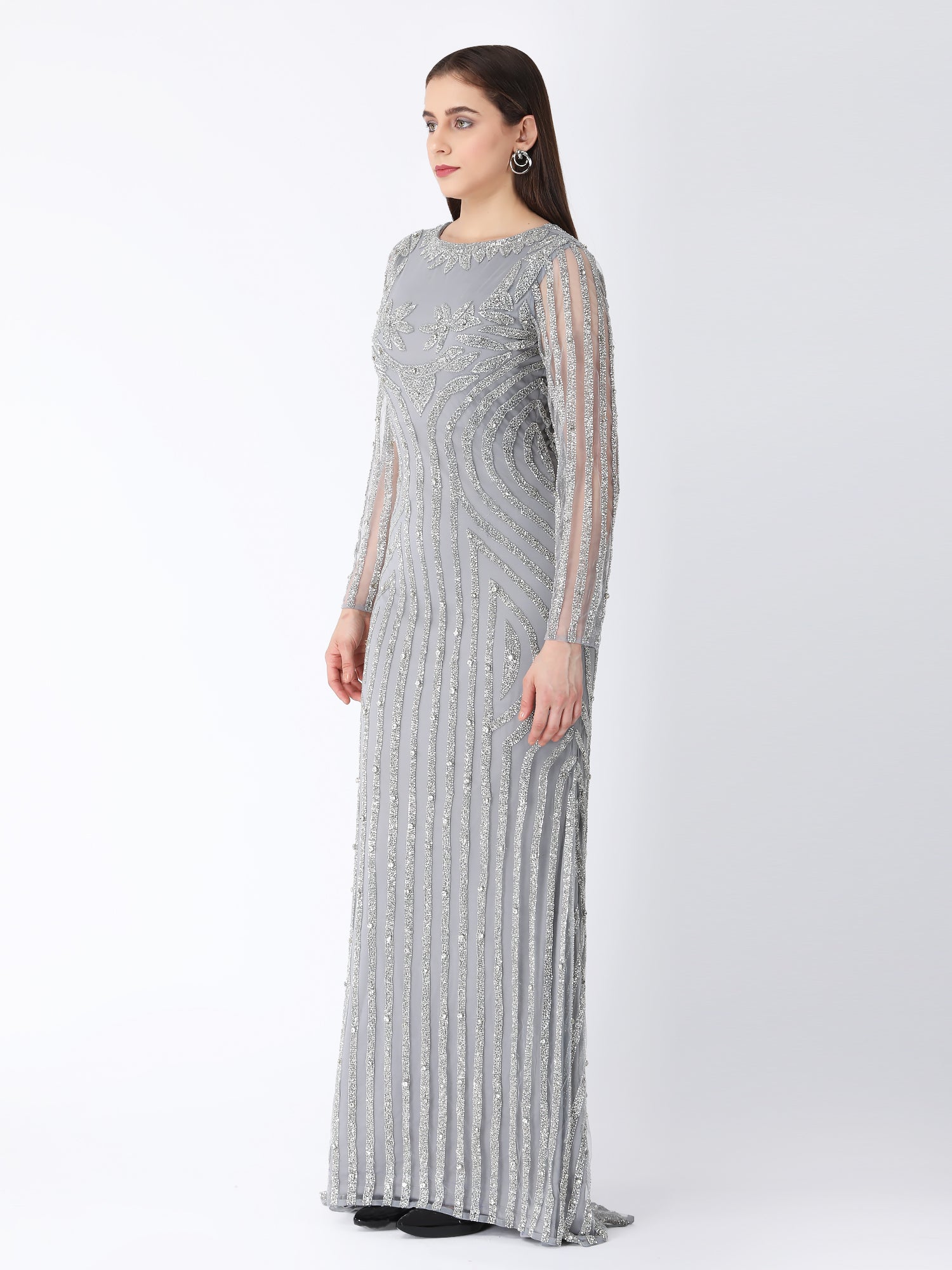 Masterpiece Grey Silver Viscose Tulle Story Beaded Gown