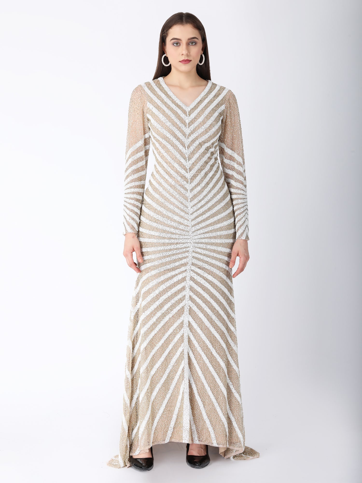 Masterpiece Beige Viscose Tulle Pearl Story Gown Beads Embroidery