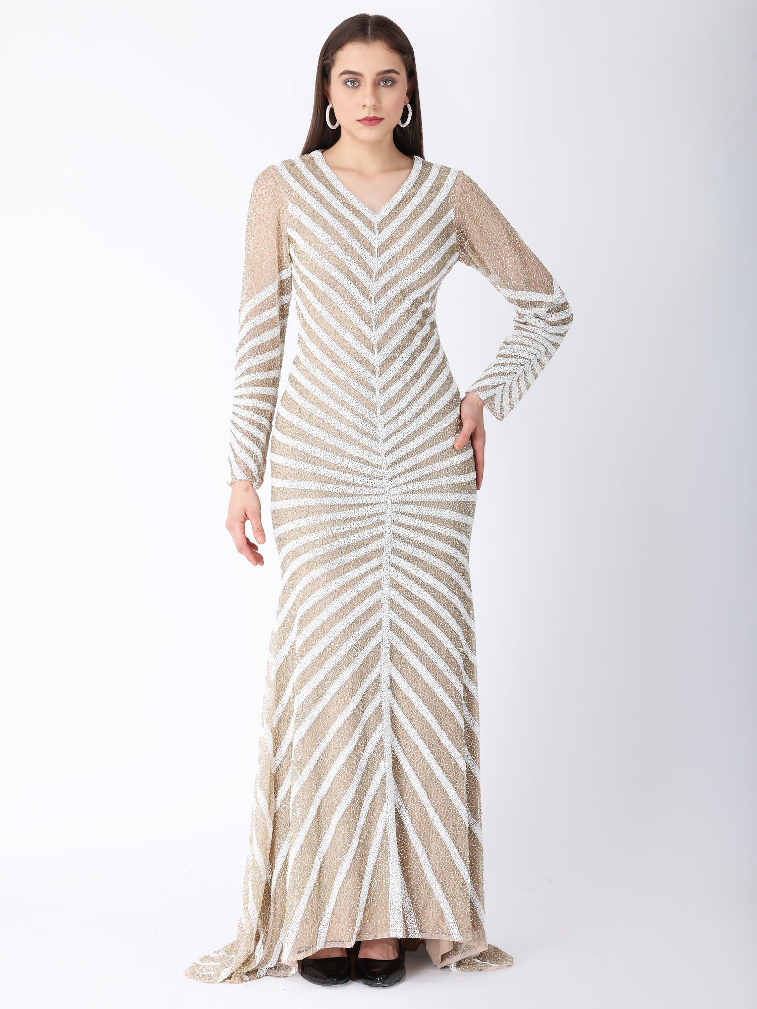 Masterpiece Beige Viscose Tulle Pearl Story Gown Beads Embroidery