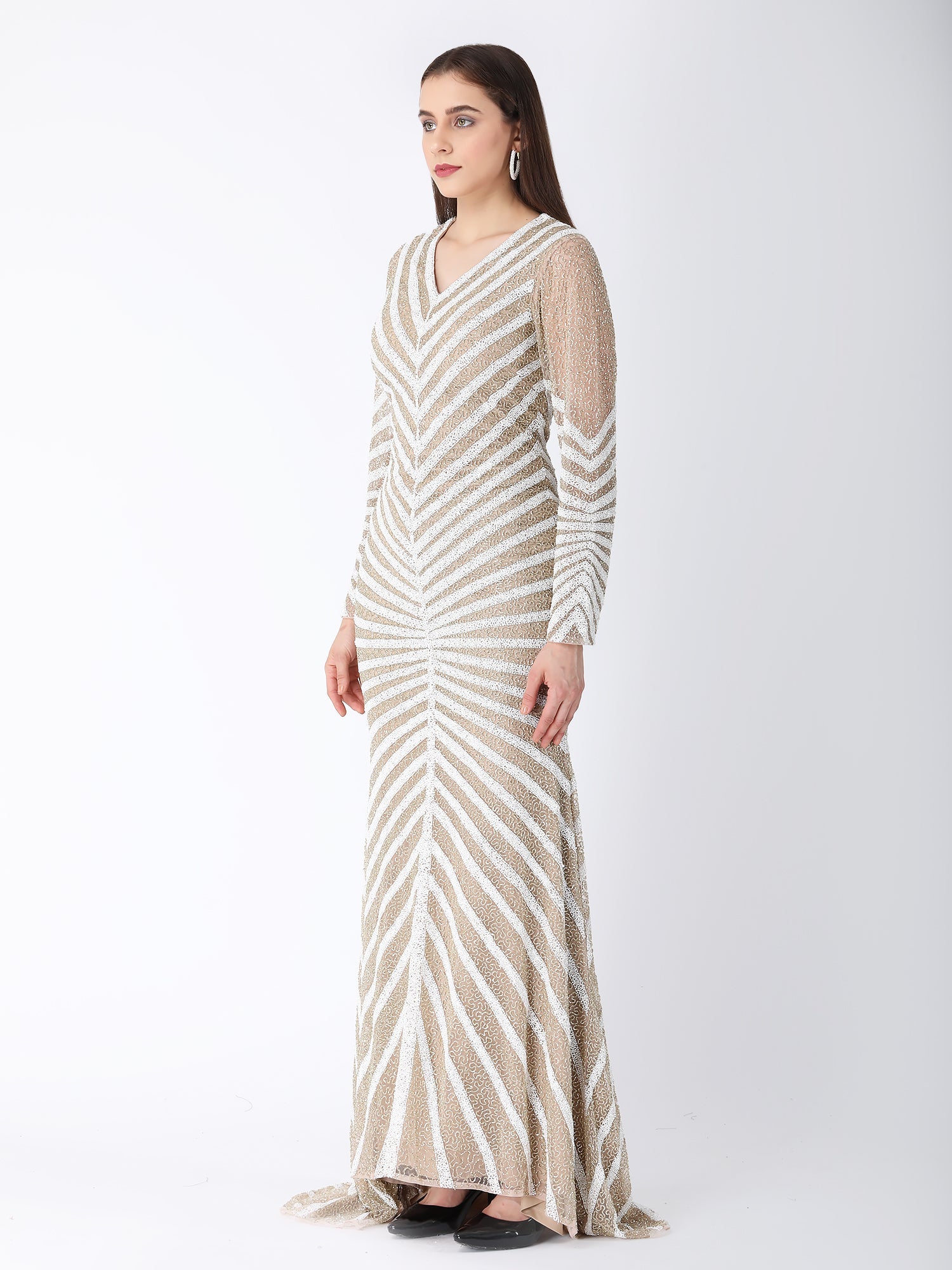 Masterpiece Beige Viscose Tulle Pearl Story Gown Beads Embroidery