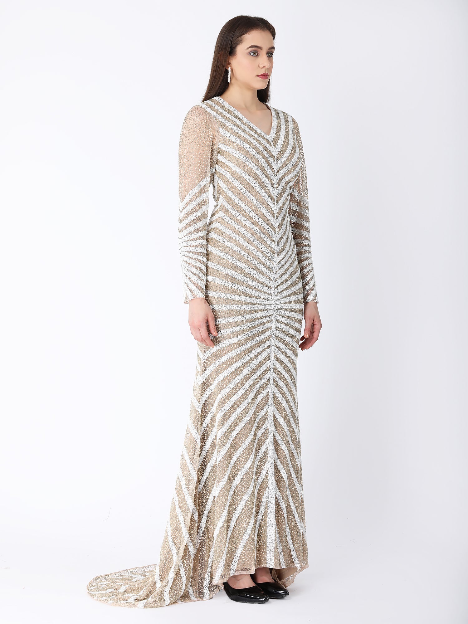 Masterpiece Beige Viscose Tulle Pearl Story Gown Beads Embroidery