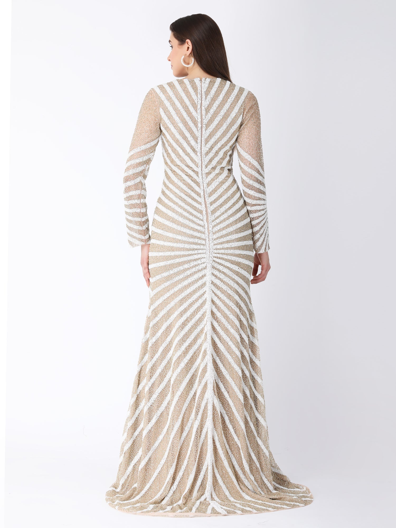 Masterpiece Beige Viscose Tulle Pearl Story Gown Beads Embroidery