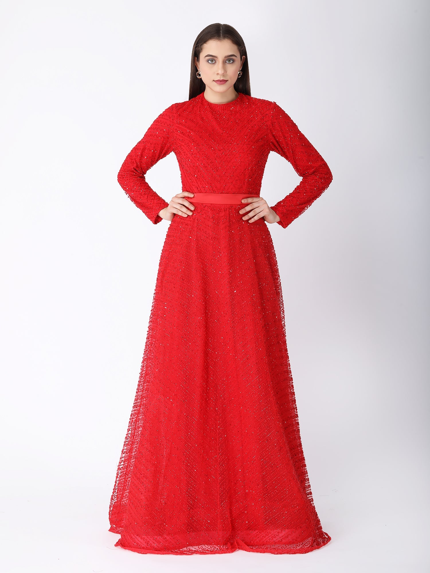 Royal Red Viscose Tulle Ruby Shimmer A-Line Gown Beads Embroidery