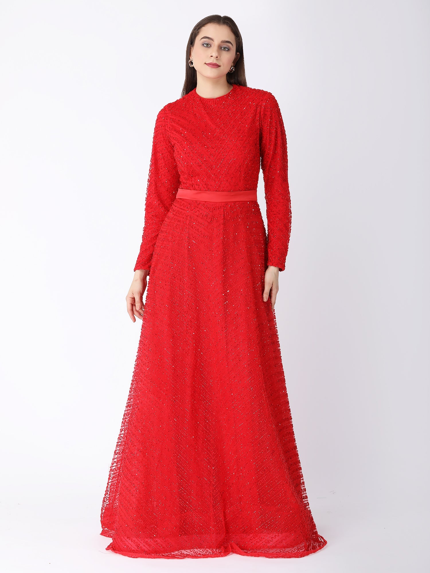 Royal Red Viscose Tulle Ruby Shimmer A-Line Gown Beads Embroidery