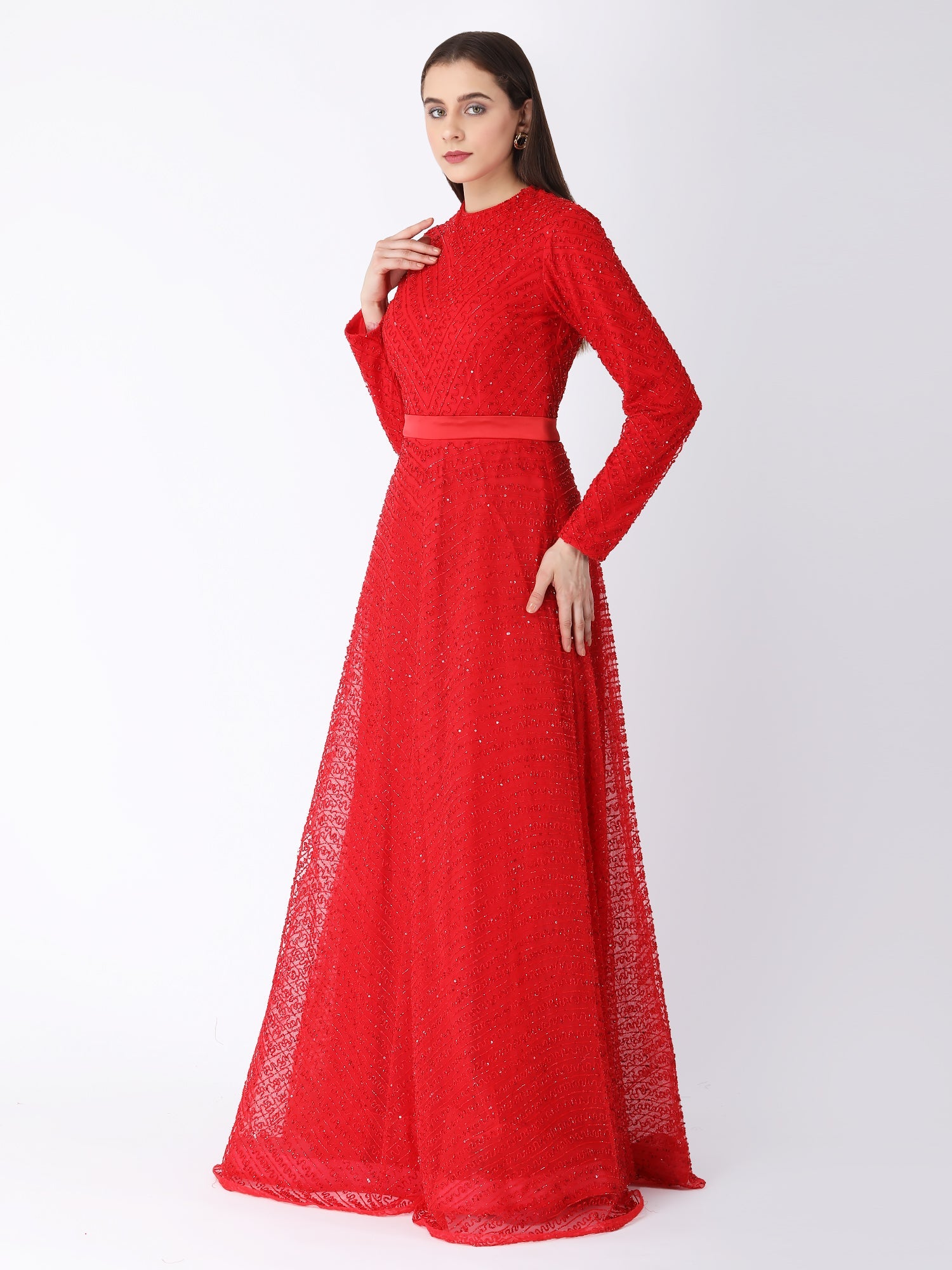 Royal Red Viscose Tulle Ruby Shimmer A-Line Gown Beads Embroidery