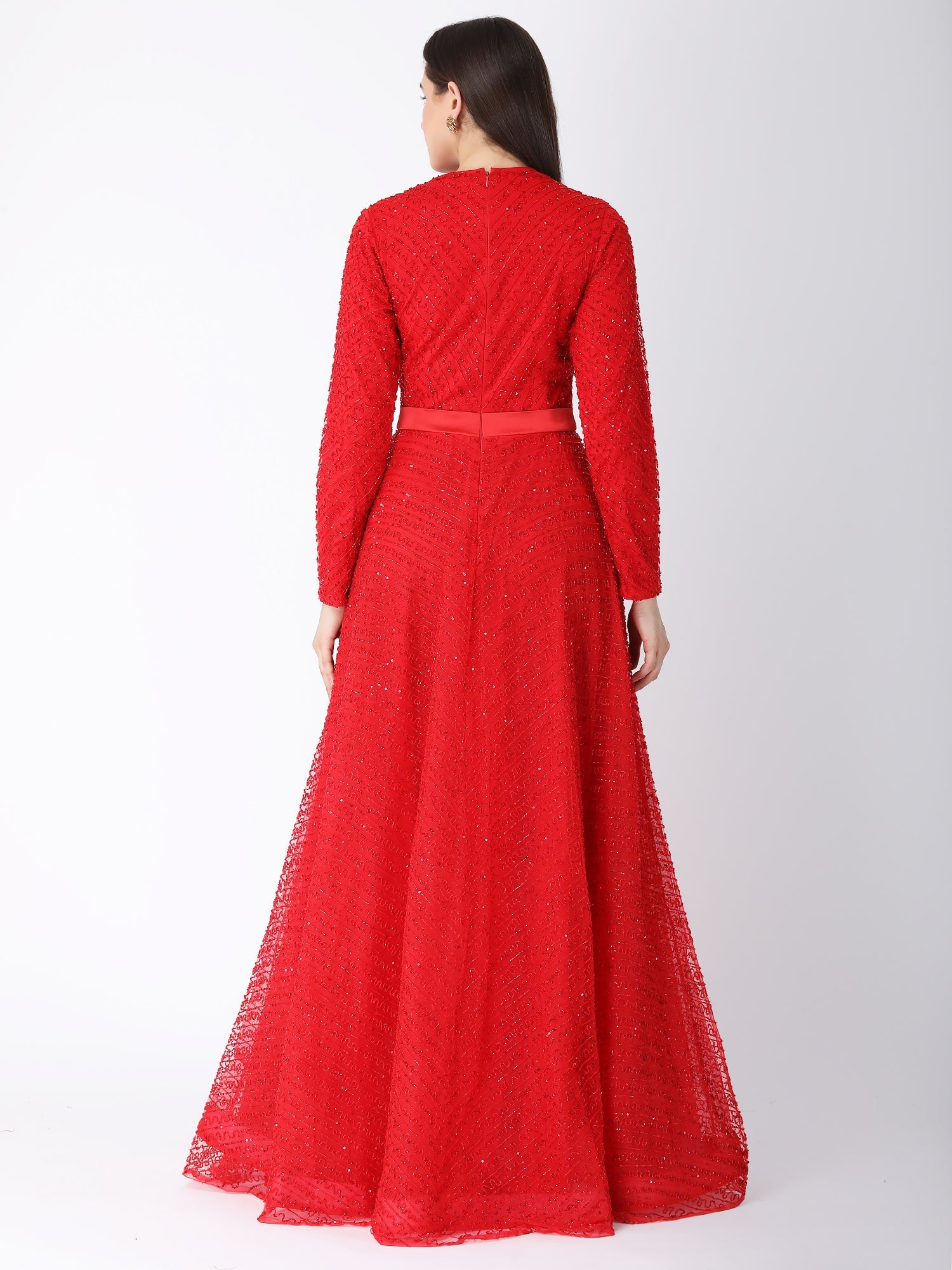 Royal Red Viscose Tulle Ruby Shimmer A-Line Gown Beads Embroidery